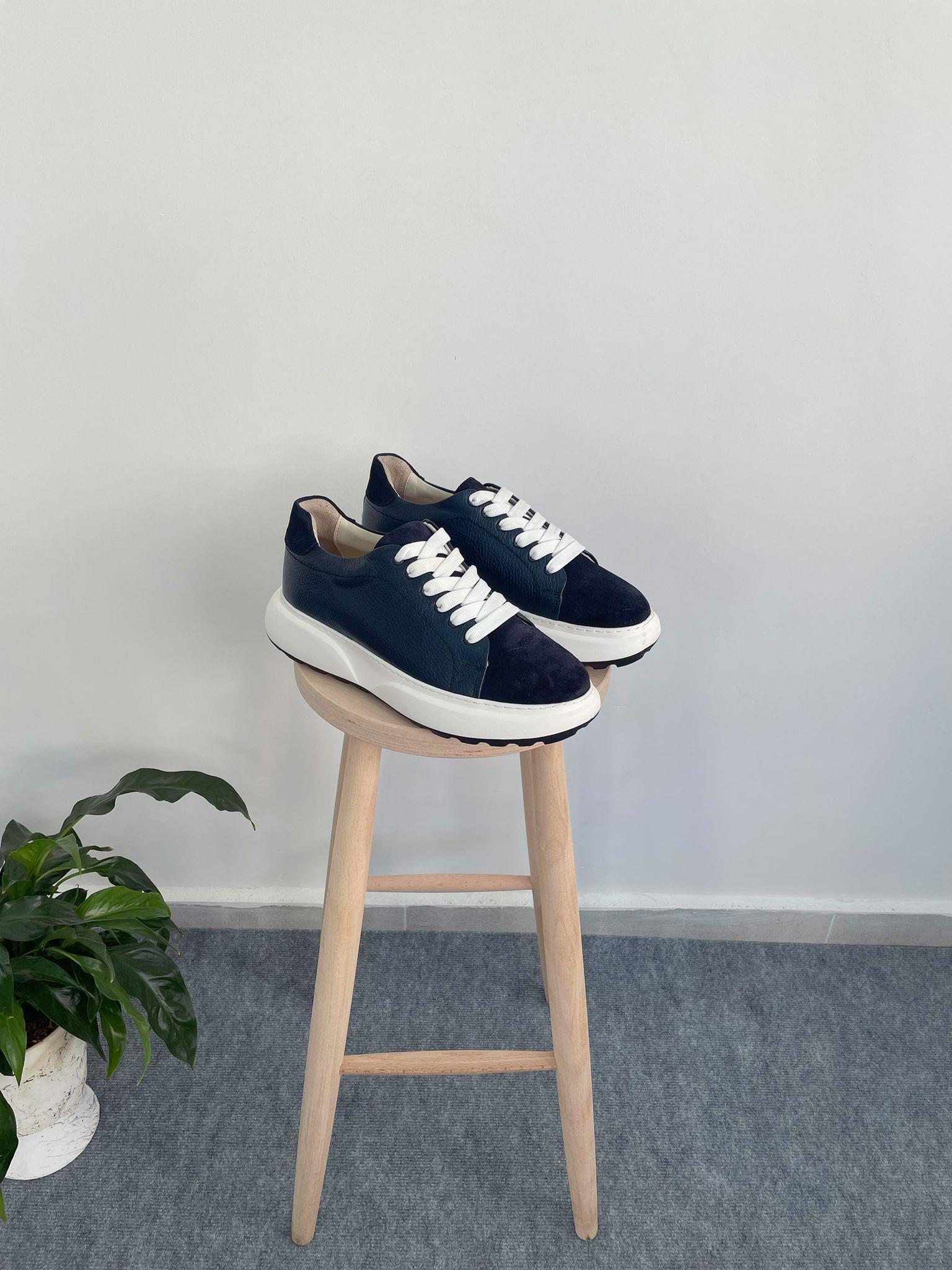 Lacivert Hakiki Deri Yüksek Taban Sneaker Erkek Ayakkabı
