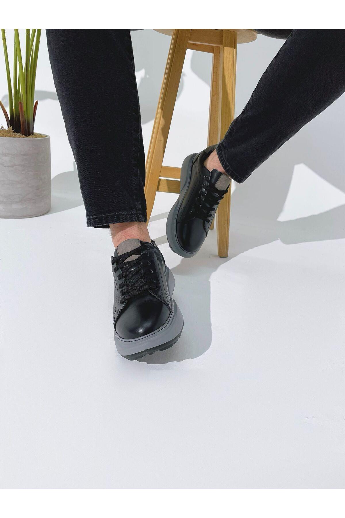 Siyah Hakiki Deri Yüksek Taban Sneaker Erkek Ayakkabı