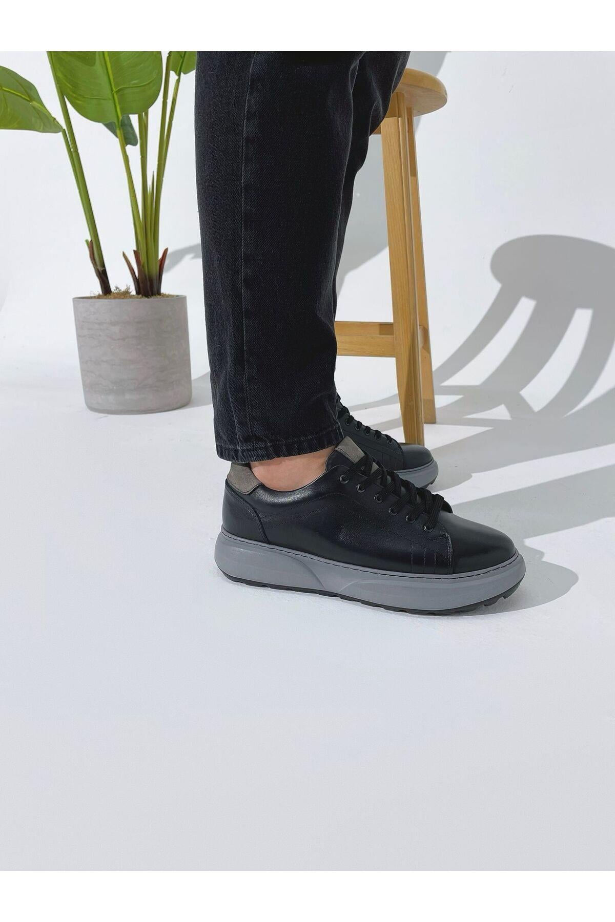 Siyah Hakiki Deri Yüksek Taban Sneaker Erkek Ayakkabı