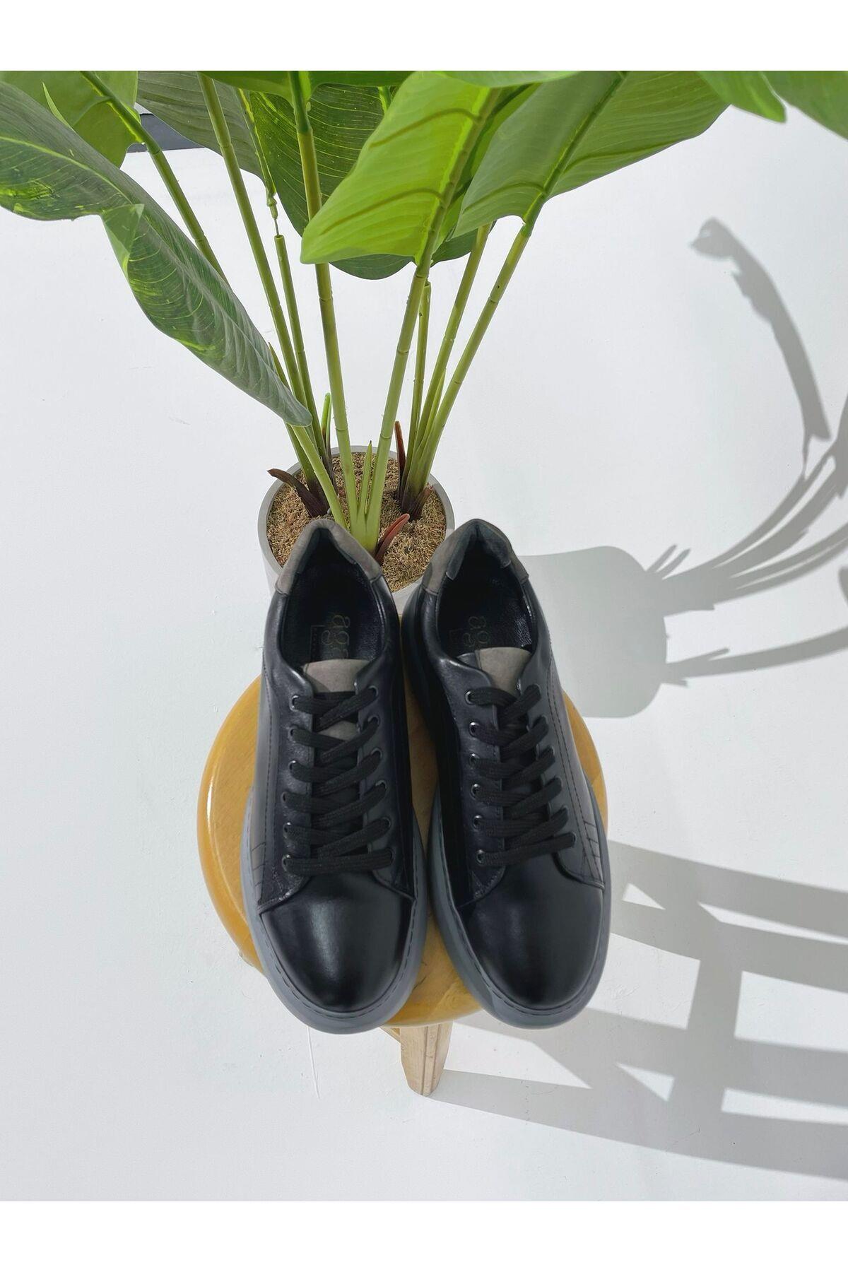Siyah Hakiki Deri Yüksek Taban Sneaker Erkek Ayakkabı