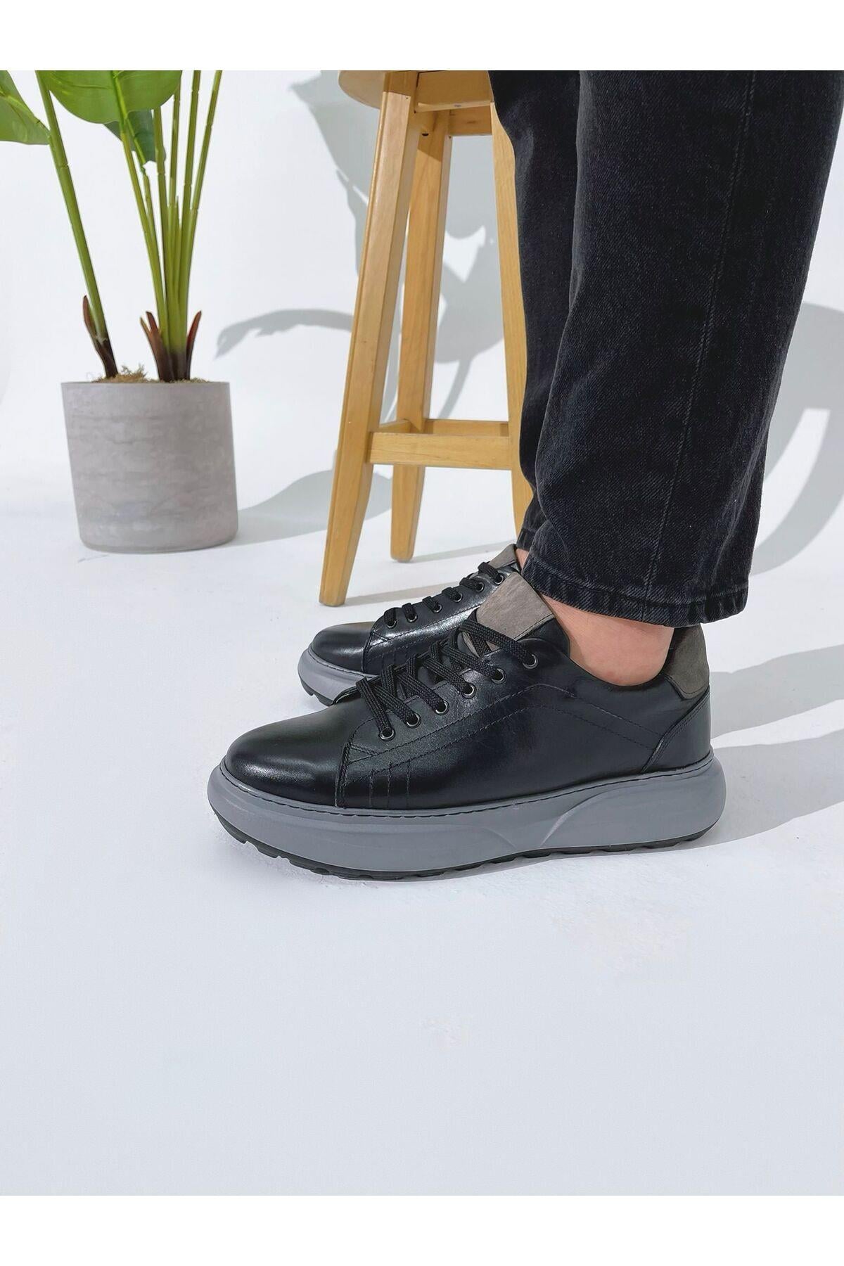 Siyah Hakiki Deri Yüksek Taban Sneaker Erkek Ayakkabı