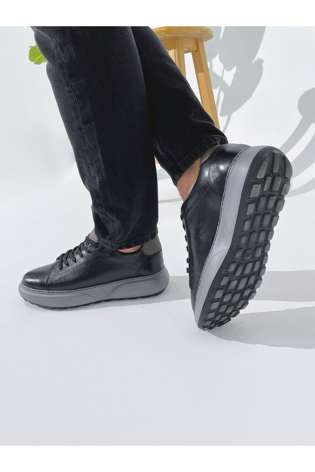 Siyah Hakiki Deri Yüksek Taban Sneaker Erkek Ayakkabı