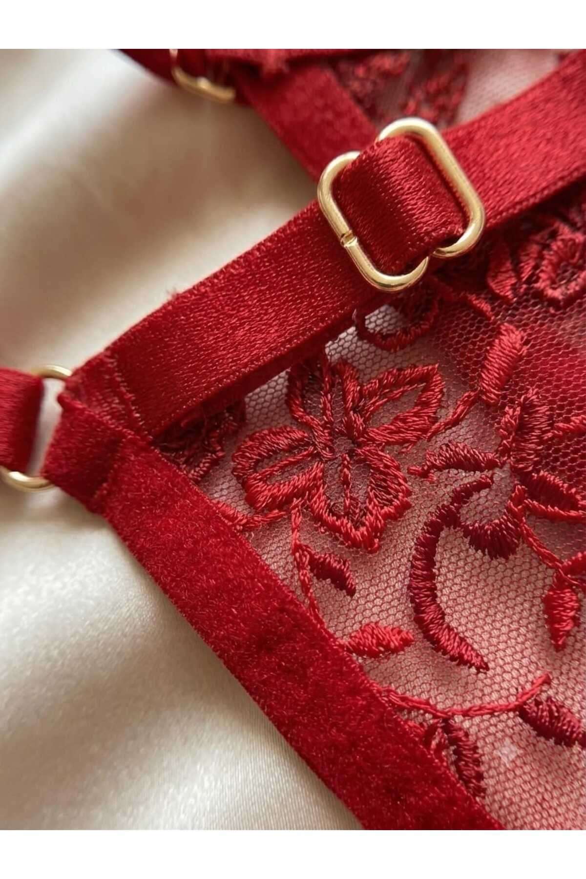 Büyük Beden Kırmızı Dantelli Transparan Sütyen Külot Takımı