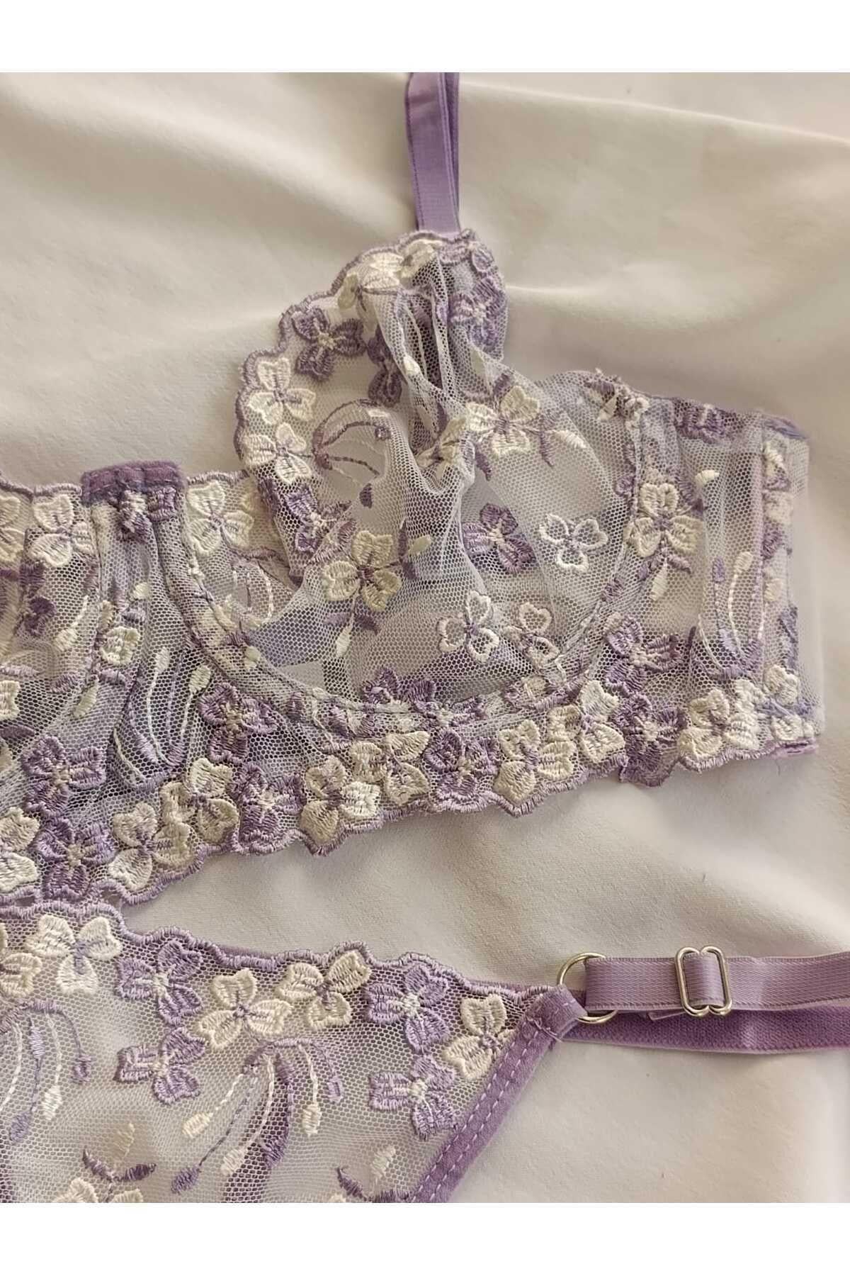 Edna Lila Çiçek Desenli Tanga Külotlu Sütyen Takım