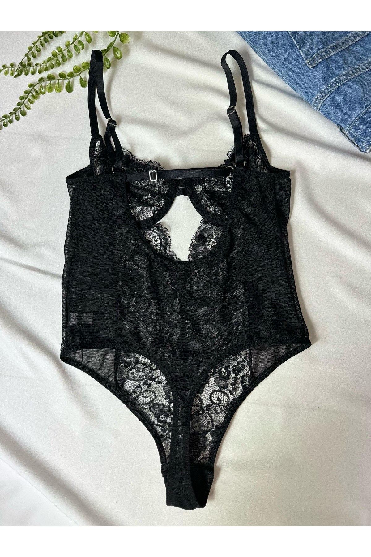 Elanor Siyah Çıtçıtlı Dantelli Transparan Balenli Bodysuit