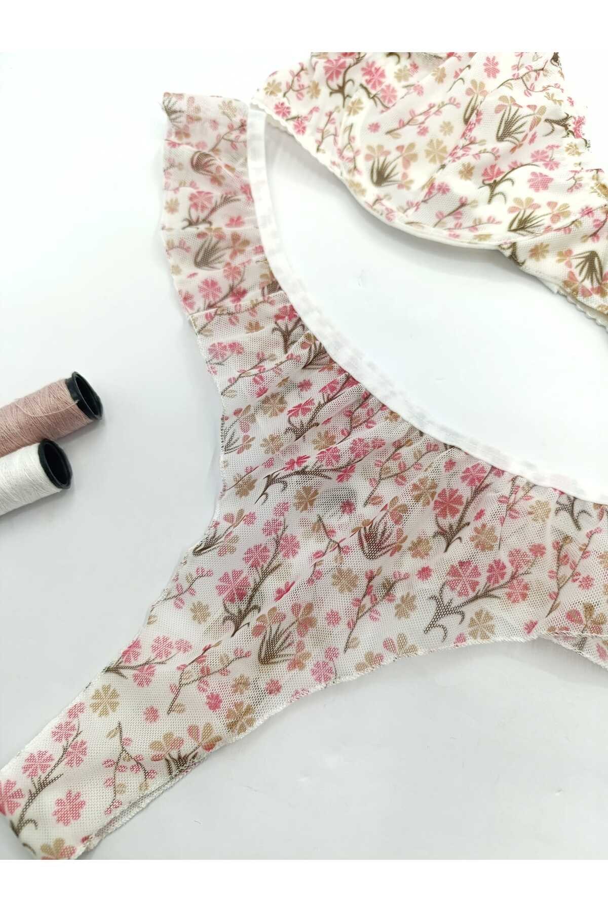 Jasmin Beyaz Çiçek Desenli Tanga Külotlu Sütyen Takım