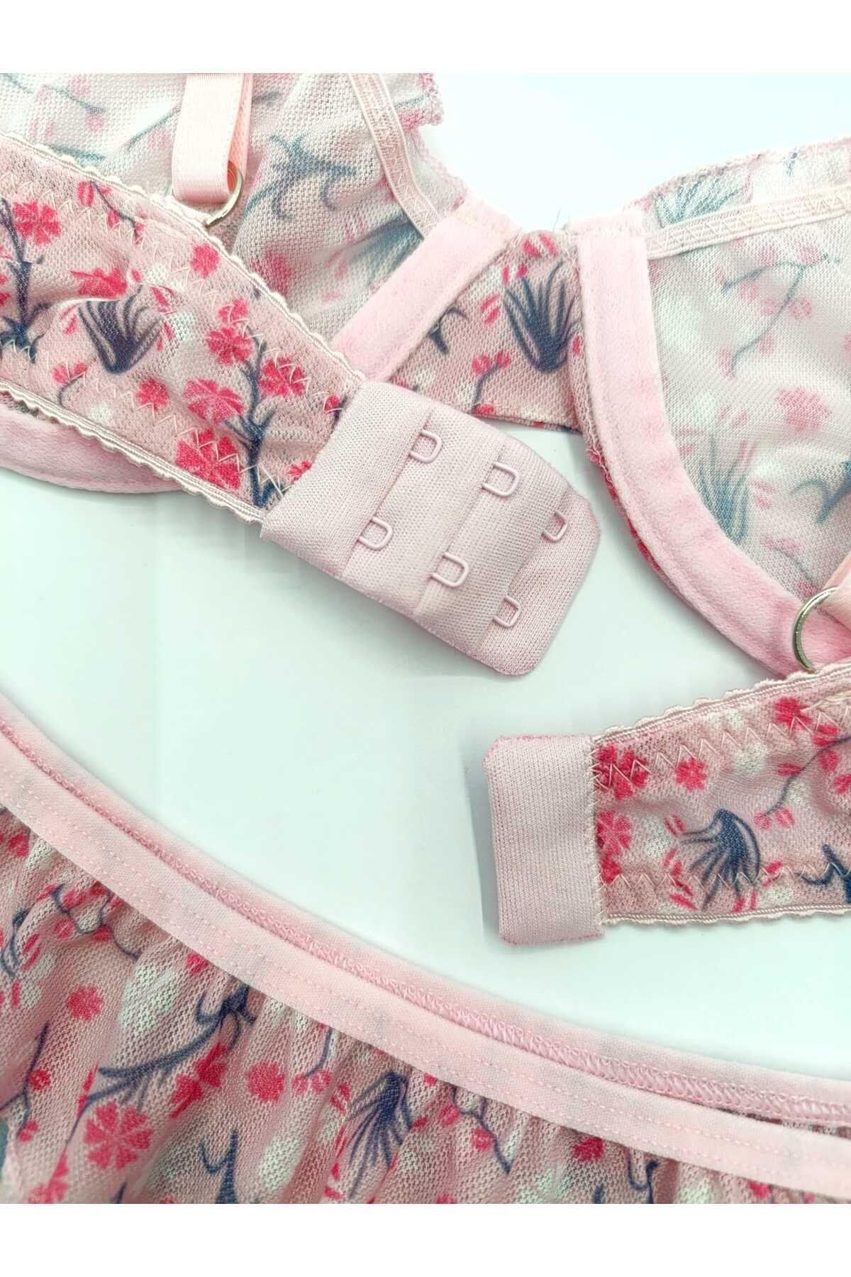 Jasmin Mavi Çiçek Desenli Tanga Külotlu Sütyen Takım