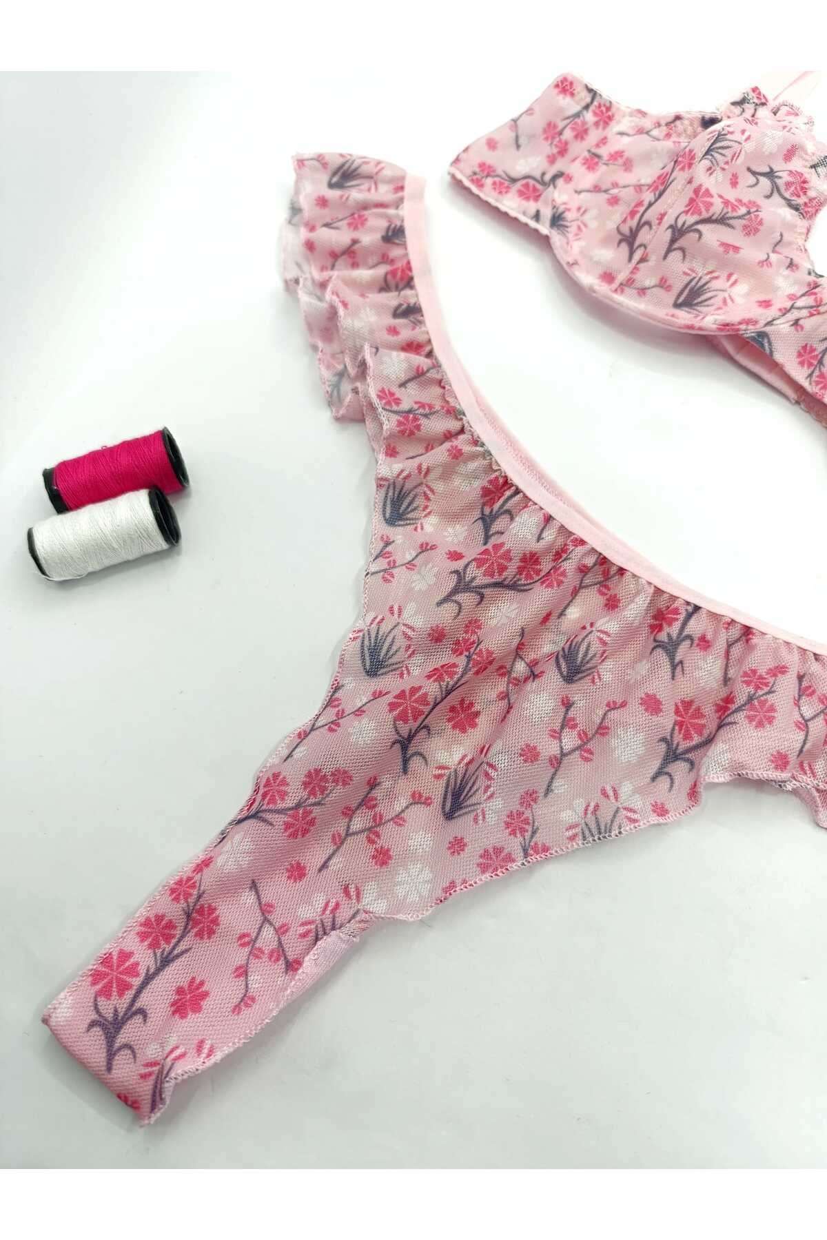 Jasmin Pembe Çiçek Desenli Tanga Külotlu Sütyen Takım