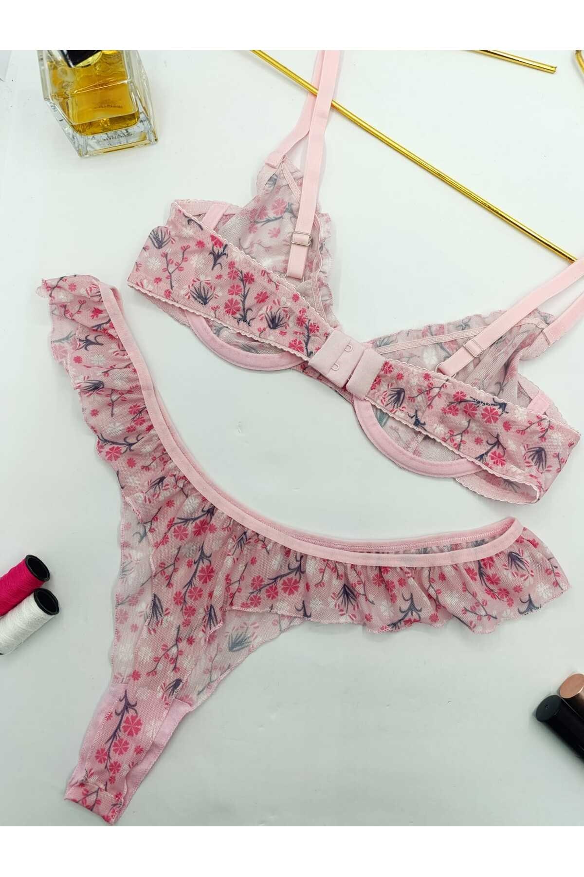Jasmin Pembe Çiçek Desenli Tanga Külotlu Sütyen Takım