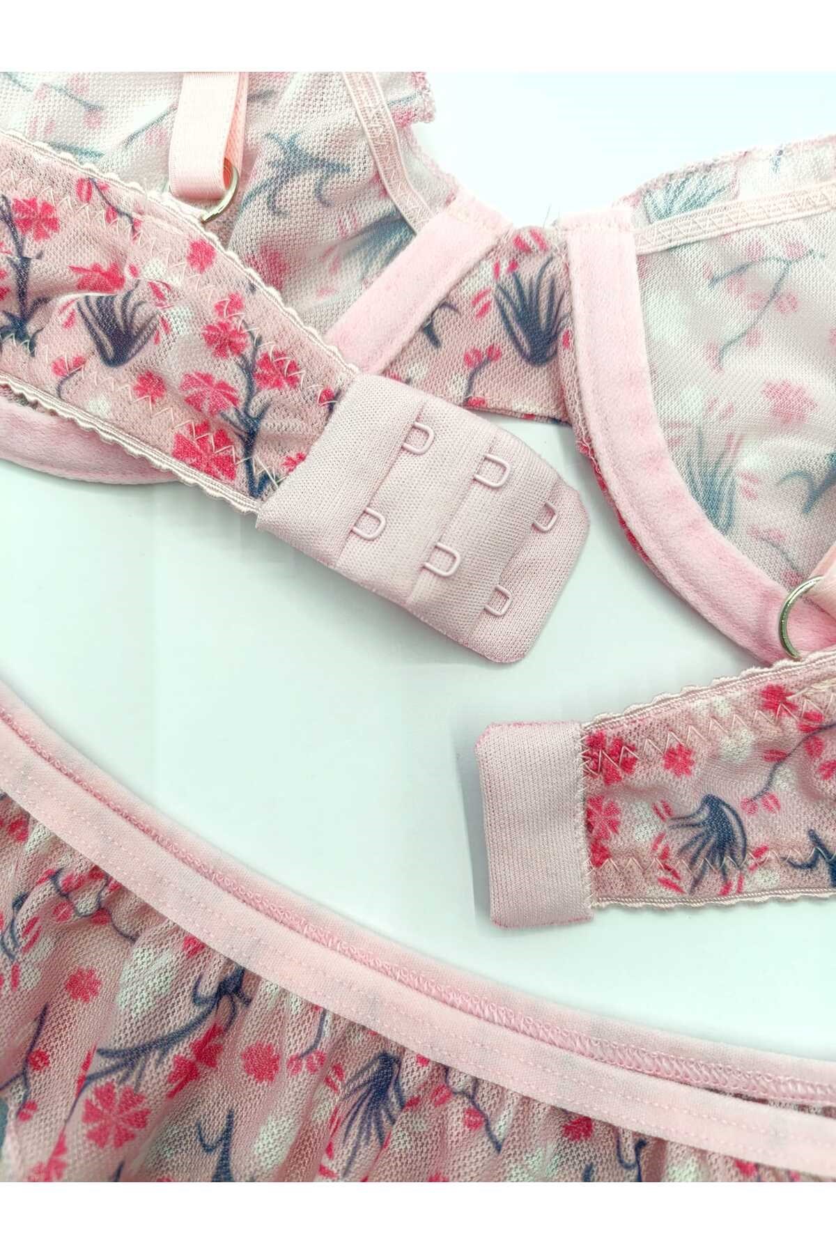 Jasmin Pembe Çiçek Desenli Tanga Külotlu Sütyen Takım