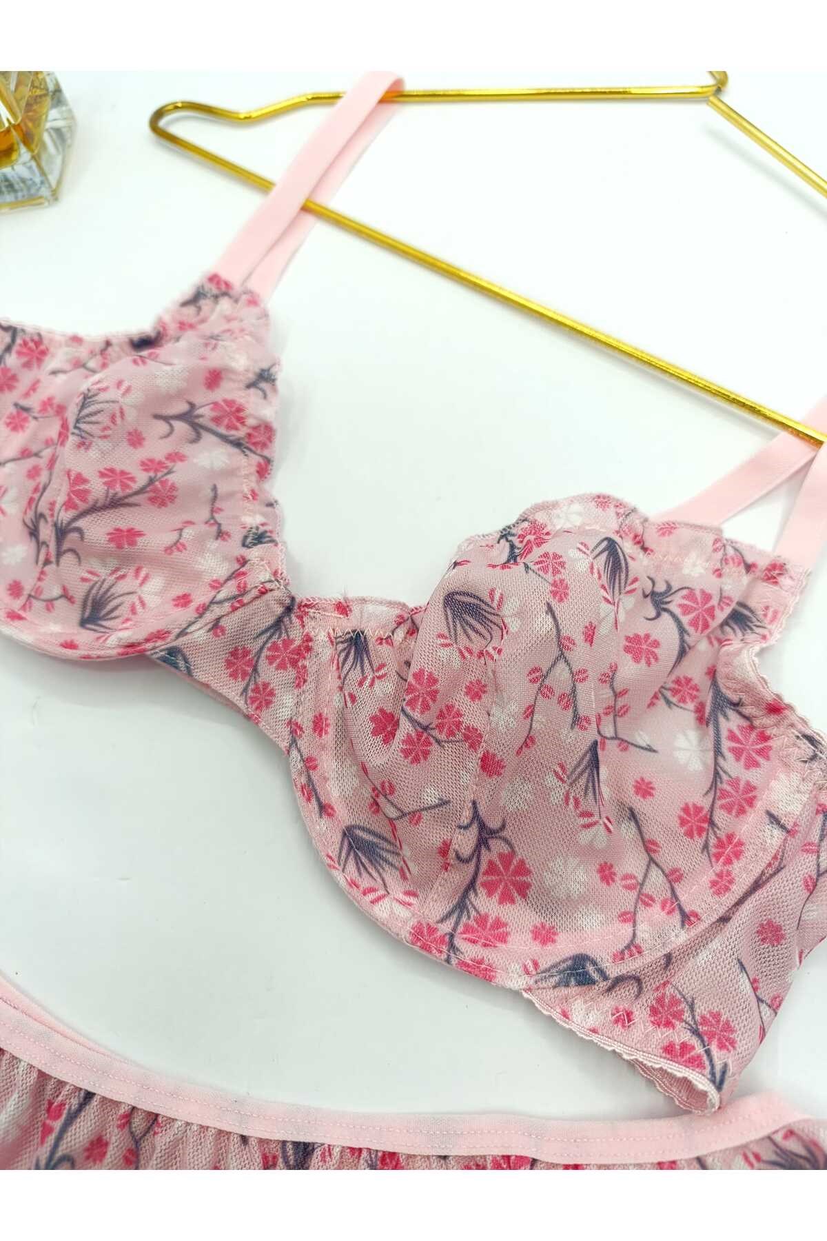 Jasmin Pembe Çiçek Desenli Tanga Külotlu Sütyen Takım