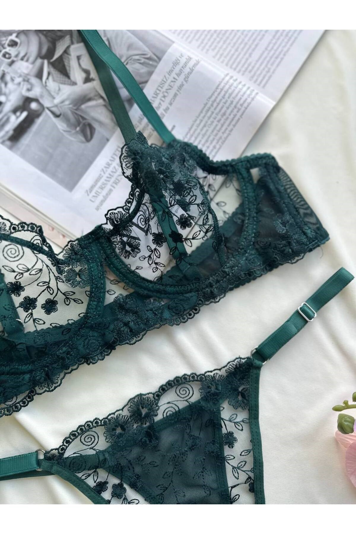 Kadın Dantelli Bralet Sütyen Şık İç Çamaşır Takımı Transparan Seksi İç Giyim