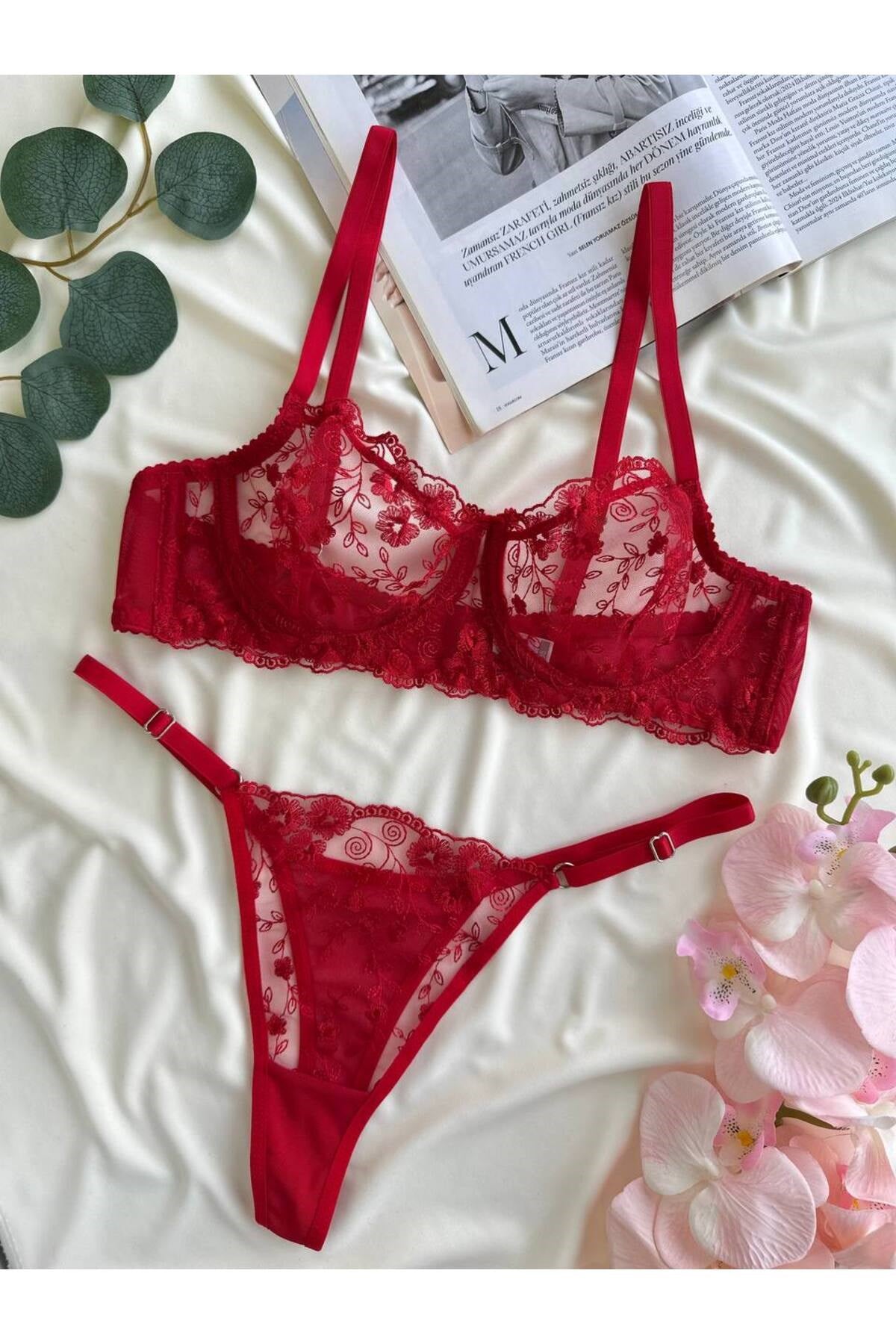 Kadın Dantelli Bralet Sütyen Şık İç Çamaşır Takımı Transparan Seksi İç Giyim