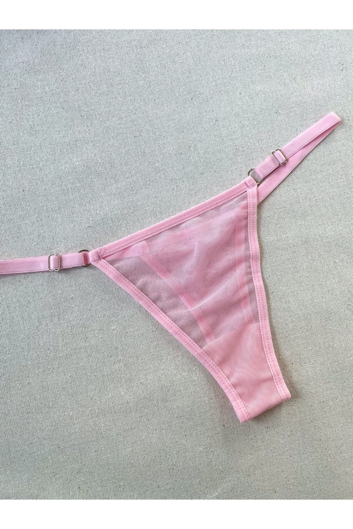 Kadın Pembe Tül Tanga Külotlu Sütyen Takım