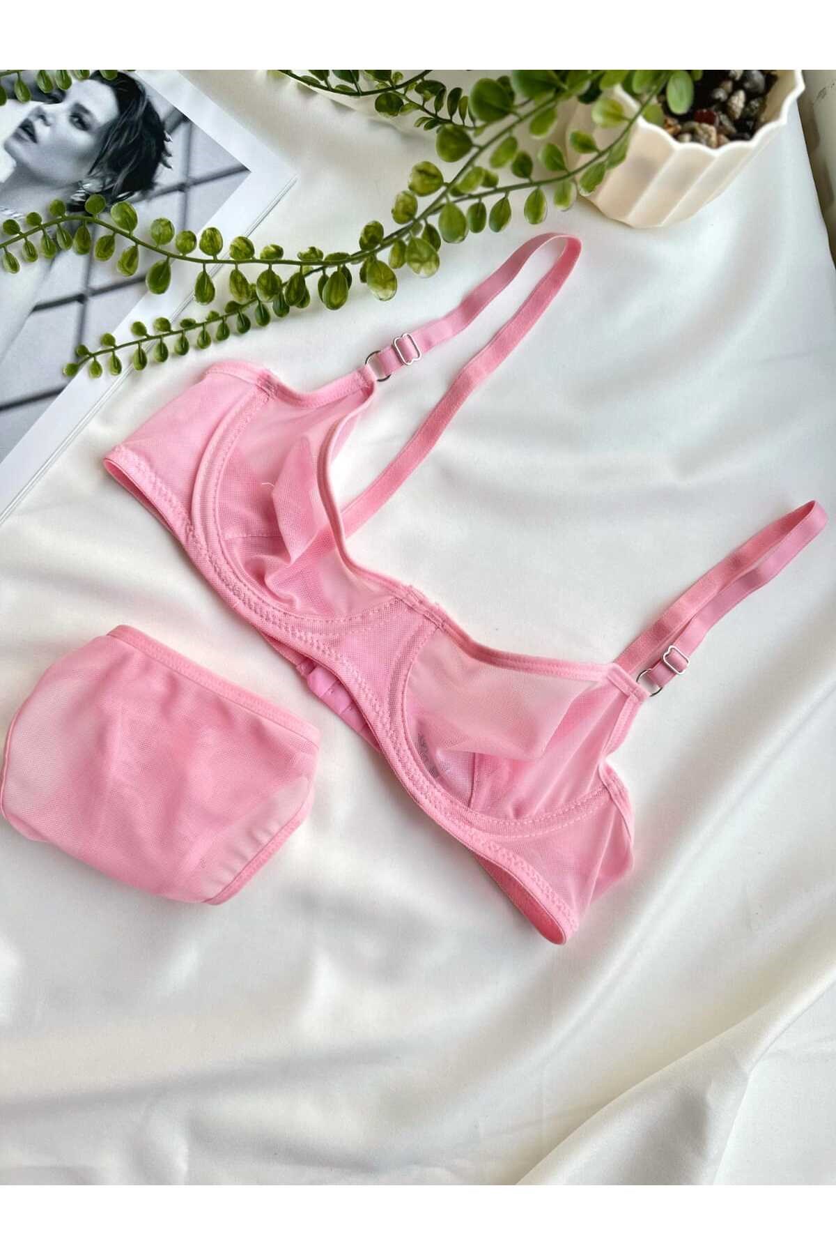 Kadın Pembe Tül Tanga Külotlu Sütyen Takım