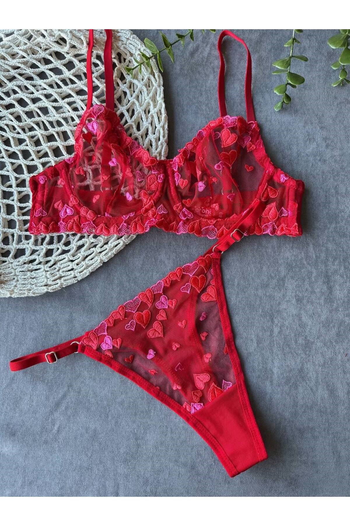 Love Kırmızı Kalp Desenli Tanga Külotlu Sütyen Takım