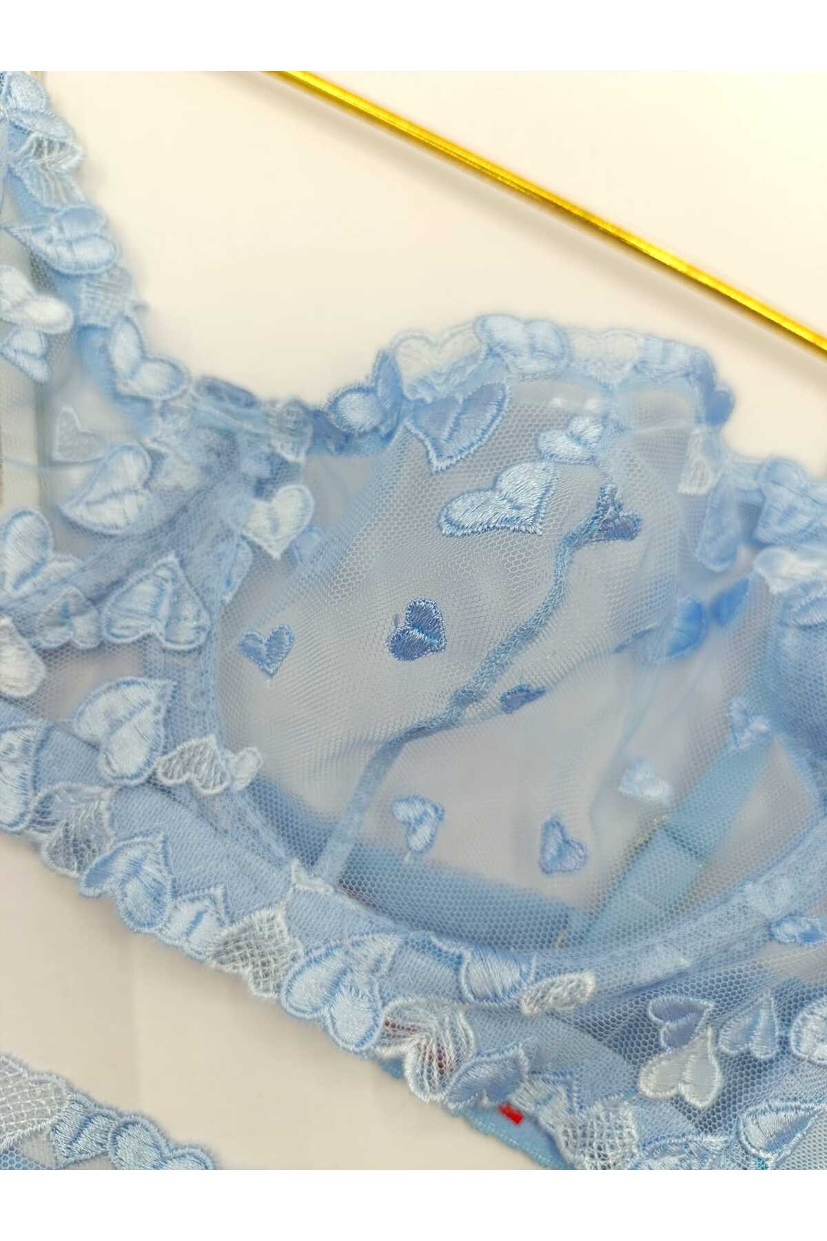 Love Mavi Kalp Desenli Tanga Külotlu Sütyen Takım