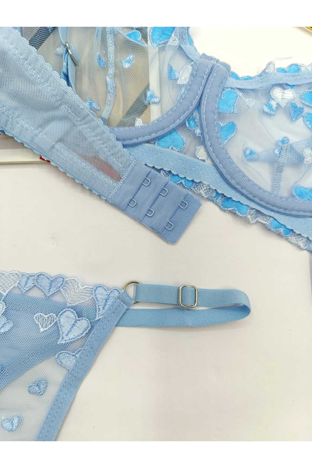 Love Mavi Kalp Desenli Tanga Külotlu Sütyen Takım