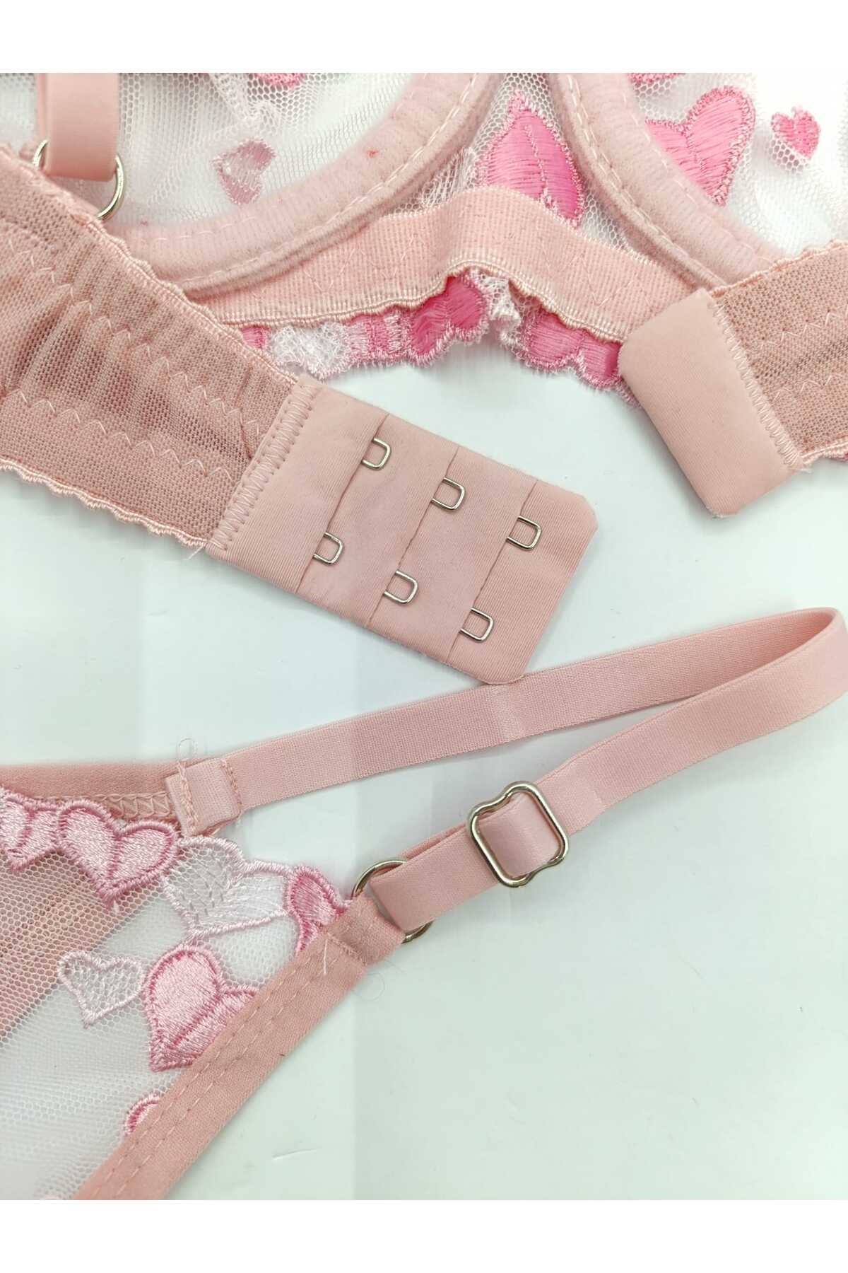 Love Pudra Rengi Kalp Desenli Tanga Külotlu Sütyen Takım