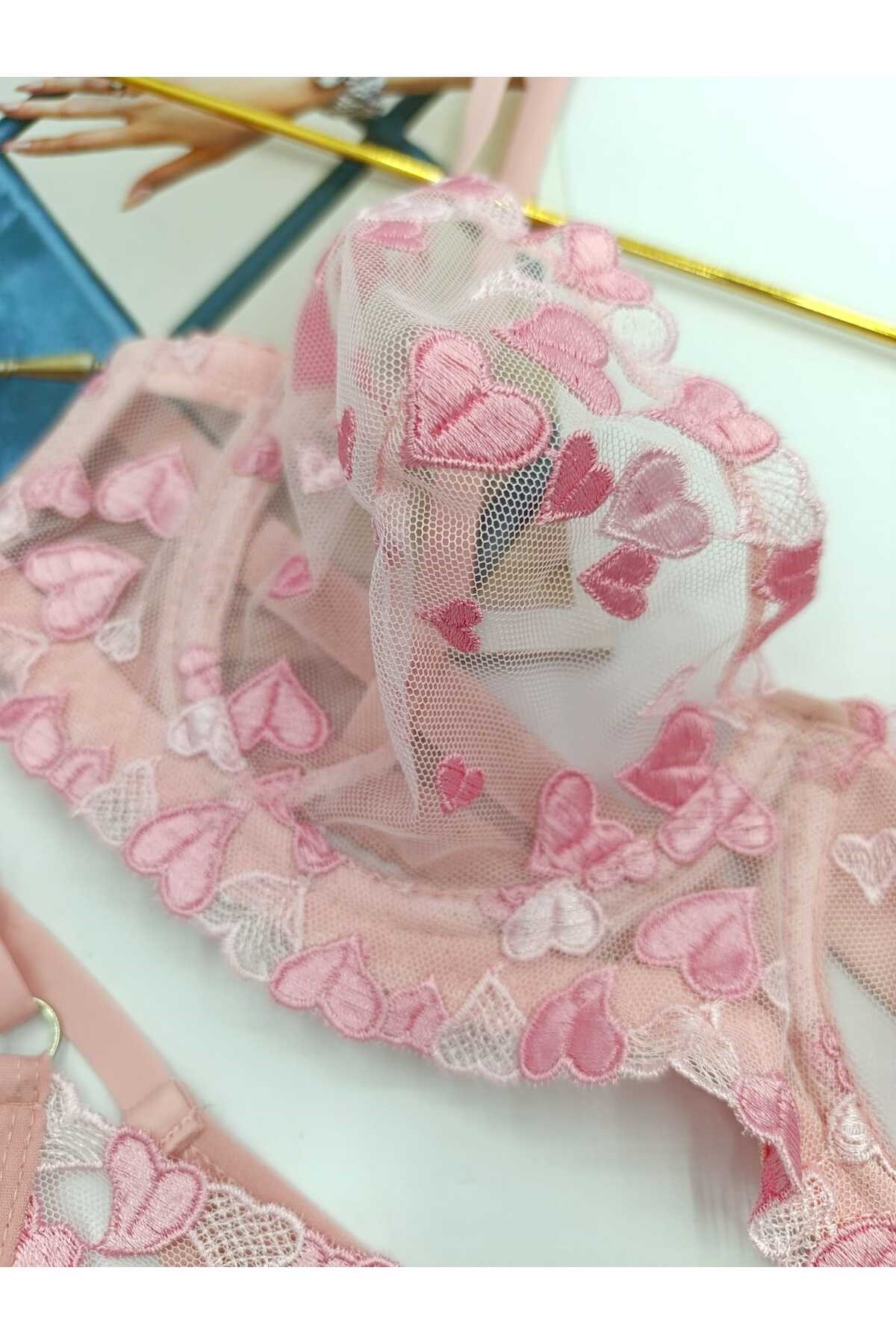 Love Pudra Rengi Kalp Desenli Tanga Külotlu Sütyen Takım