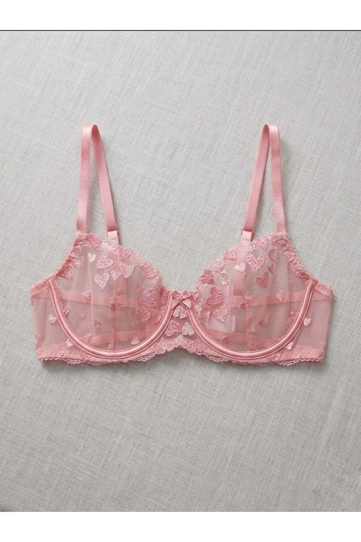 Lüks Kadın Pembe Kalpli Fantezi Jartiyer Sütyen Takım