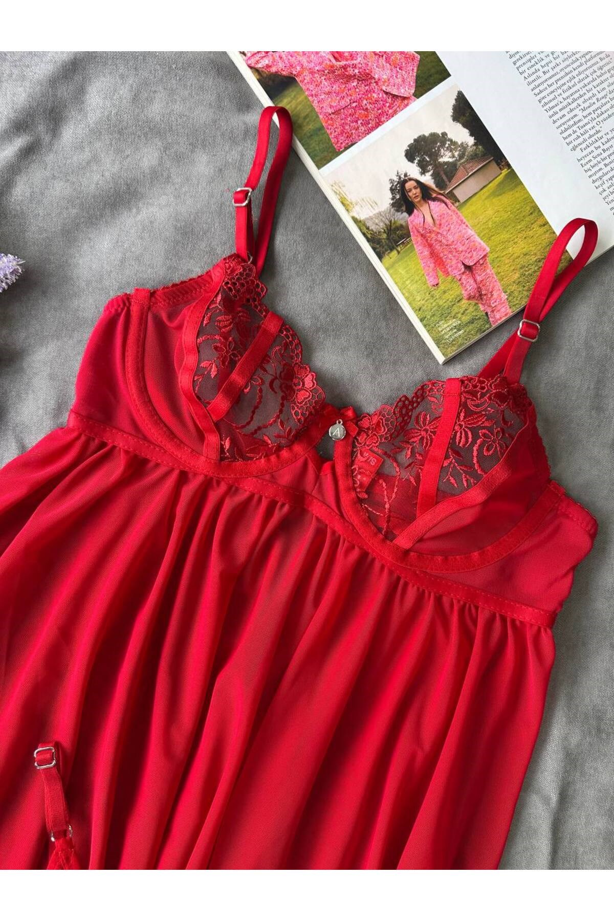 Romantik Lüks Kırmızı Dantelli Transparan Tanga Gecelik Takımı