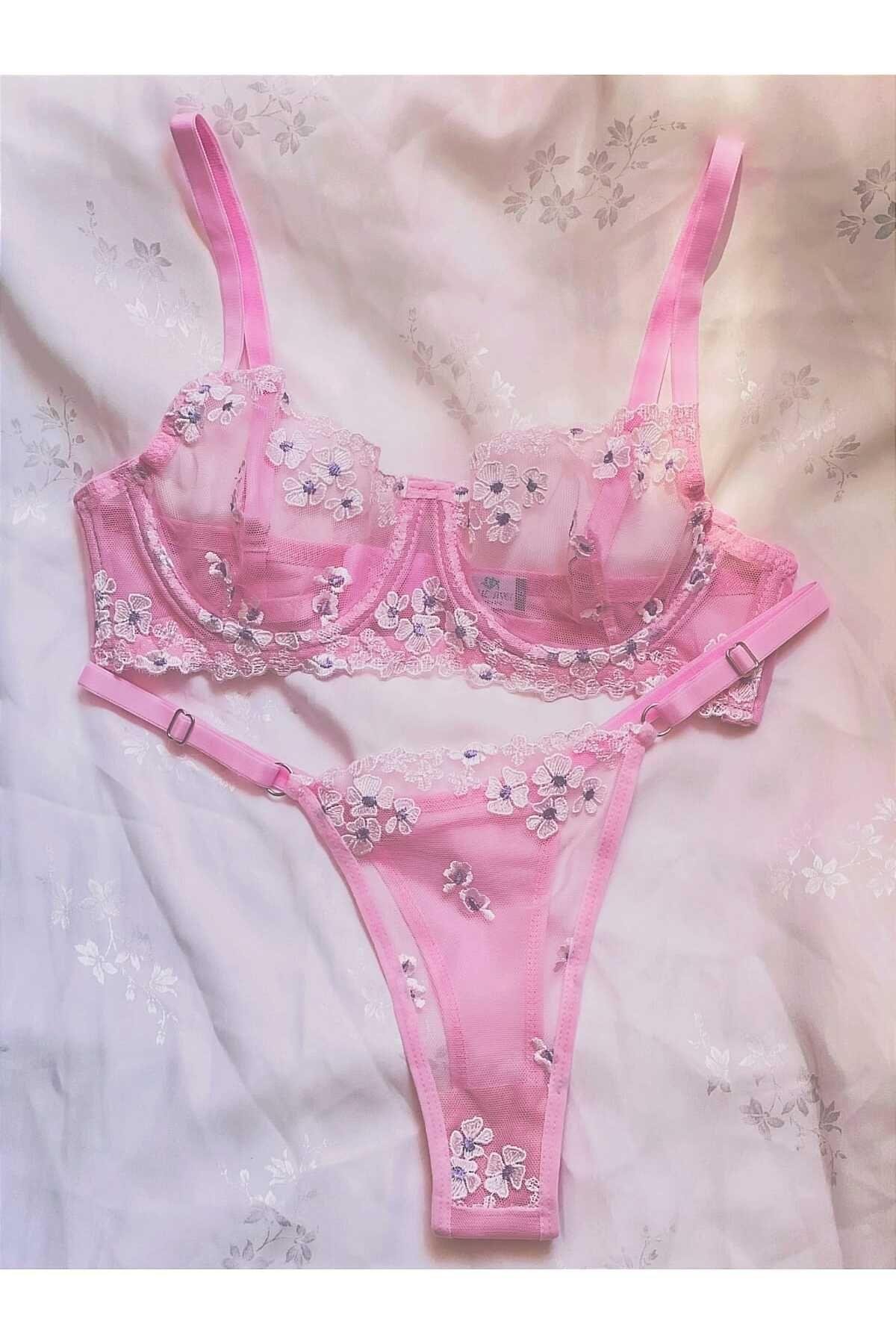 Romaşka Mavi Çiçek Desenli Tanga Külotlu Sütyen Takım