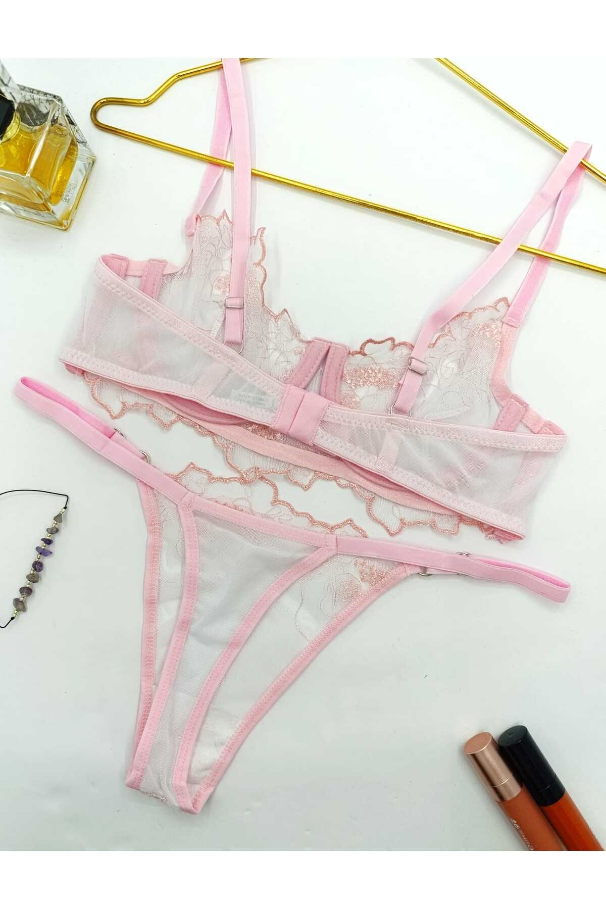 Summer Pembe Kadın Tül Tanga Külotlu Sütyen Takım