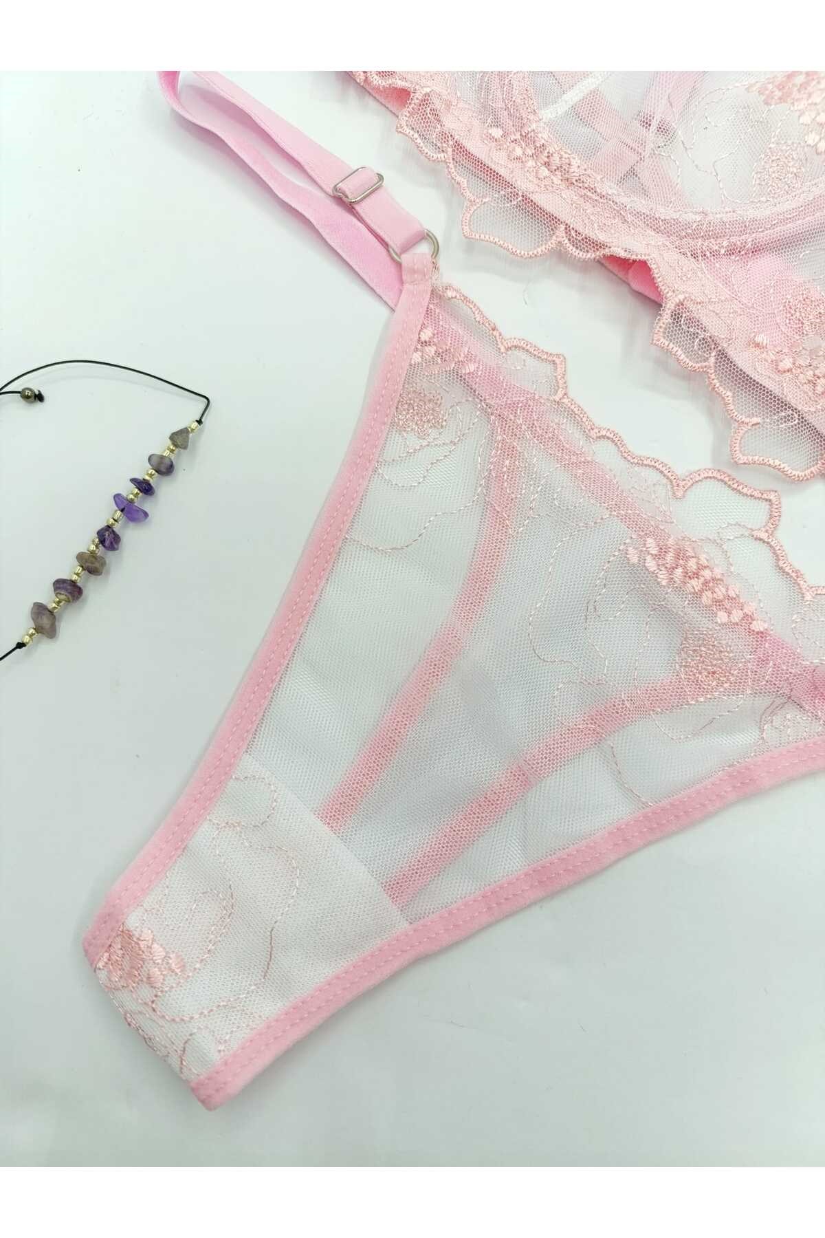 Summer Pembe Kadın Tül Tanga Külotlu Sütyen Takım