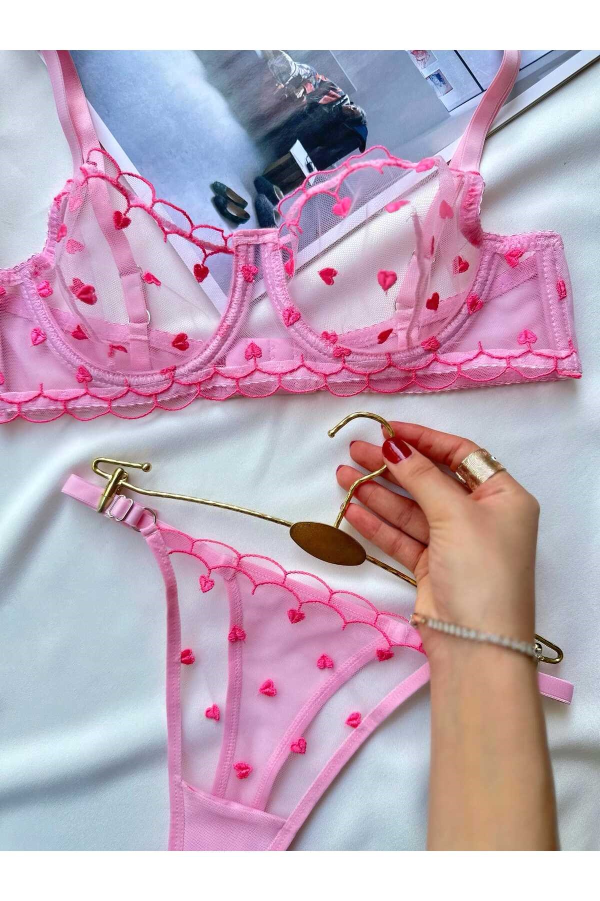 Valentina Kadın Pembe Dantelli Tanga Külotlu Sütyen Takım
