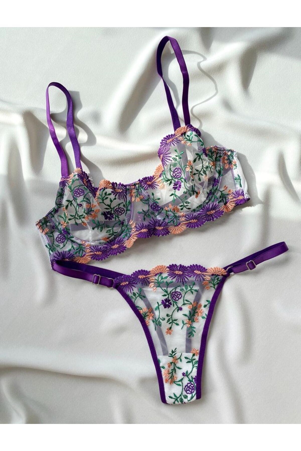 Violet Çiçek Desenli Dantel & Tül Sütyen Külot Takımı – Transparan Seksi İç Giyim