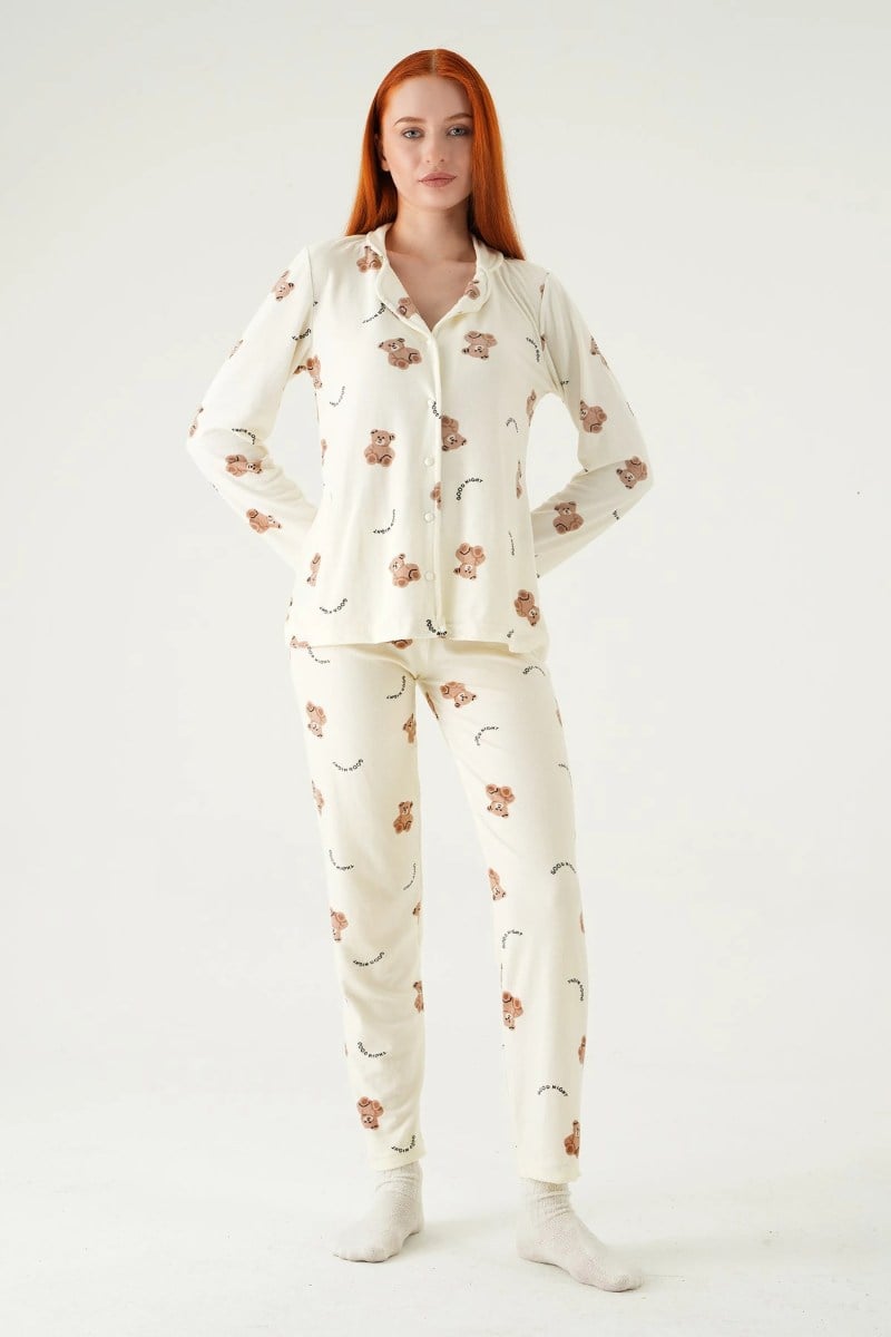 Ayıcık Desen Düğmeli Uzun Kol Milan Pijama TakımıKADIN PİJAMA TAKIMI