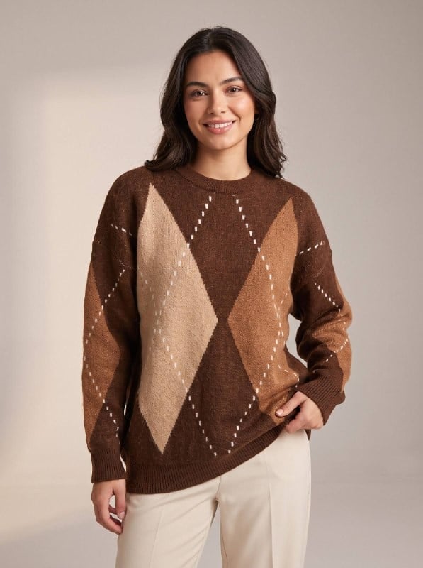 Baklava Desenli Oversize Triko KazakKADIN KAZAK