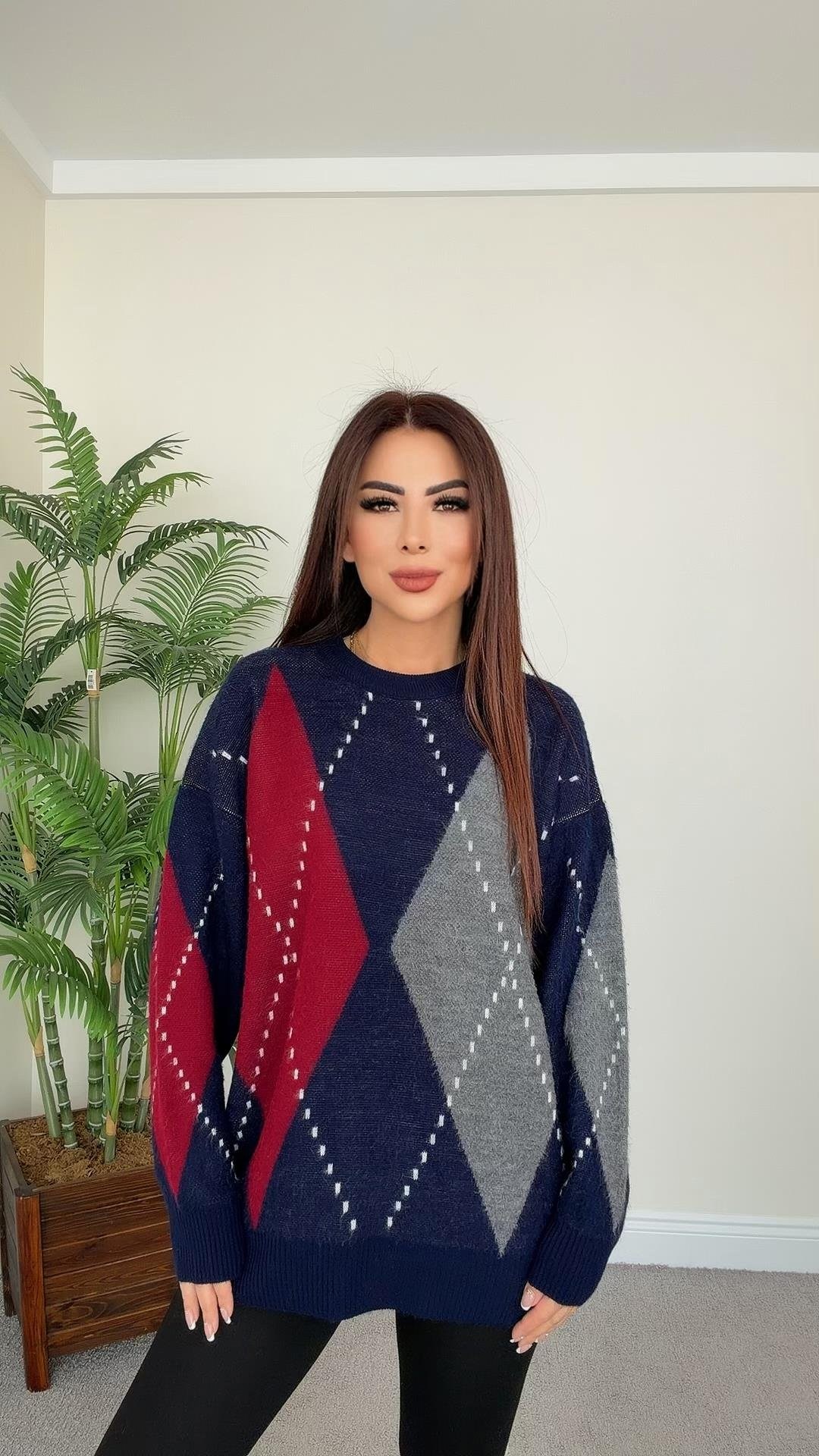 Baklava Desenli Oversize Triko KazakKADIN KAZAK