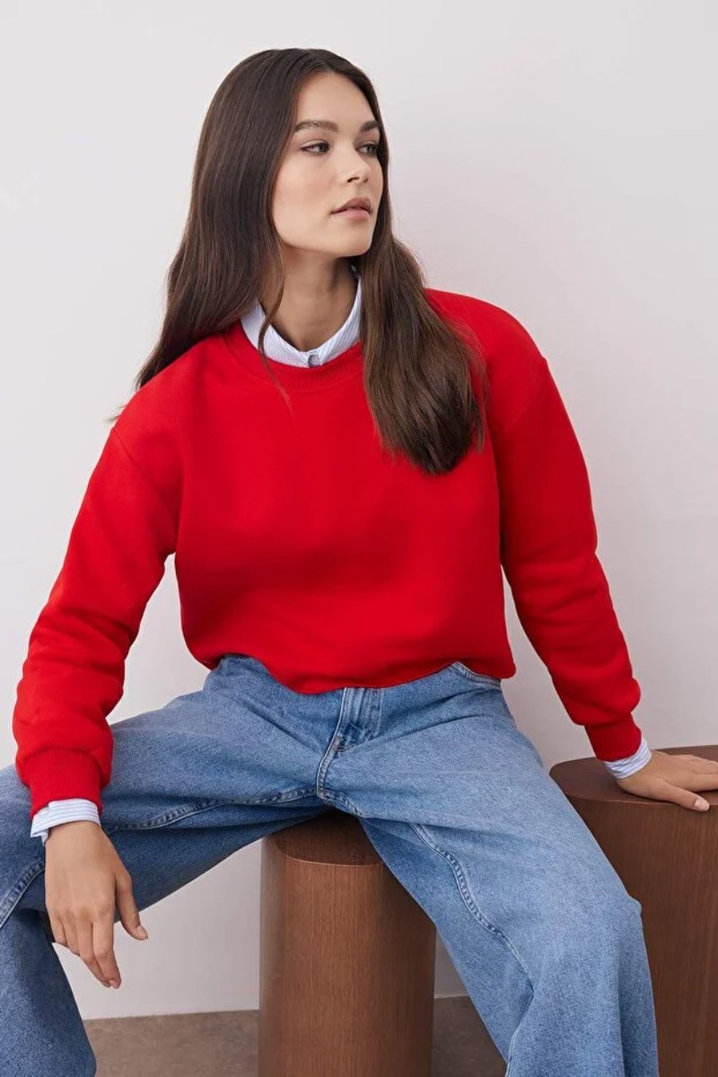 Bisiklet Yaka Şardonlu İki İplik Crop SweatKADIN SWEATSHİRT