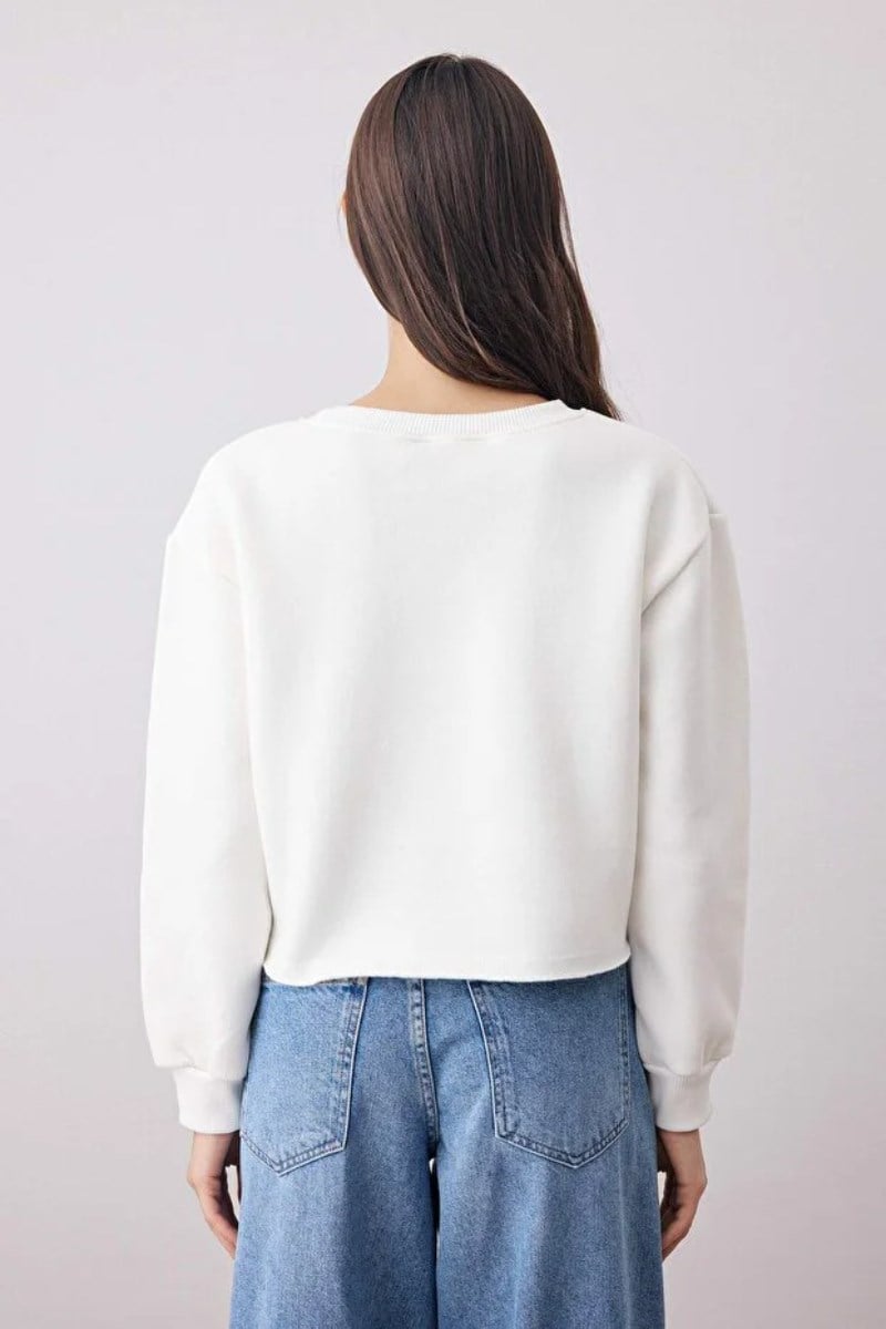 Bisiklet Yaka Şardonlu İki İplik Crop SweatKADIN SWEATSHİRT