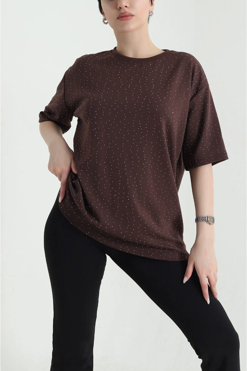 Bisiklet Yaka Serpme Taşlı Modal TshirtKADIN T-SHİRT
