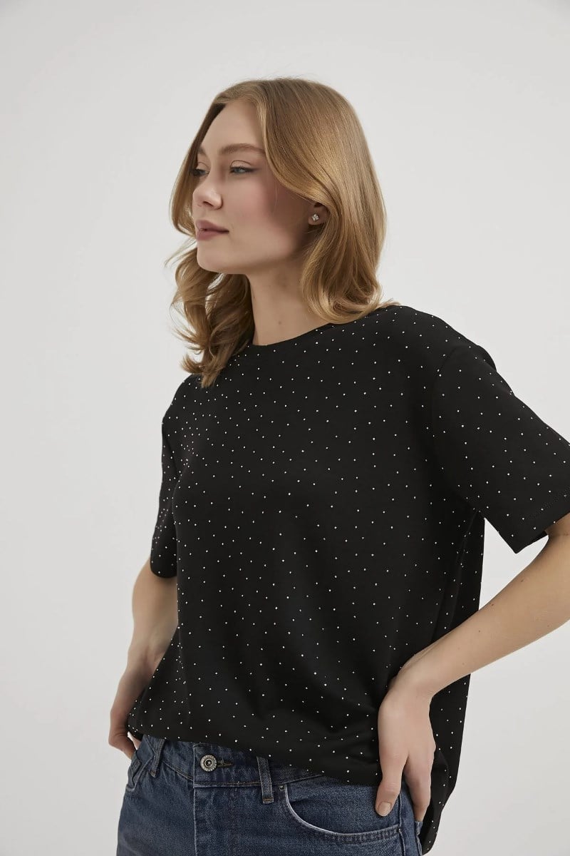 Bisiklet Yaka Serpme Taşlı Modal TshirtKADIN T-SHİRT