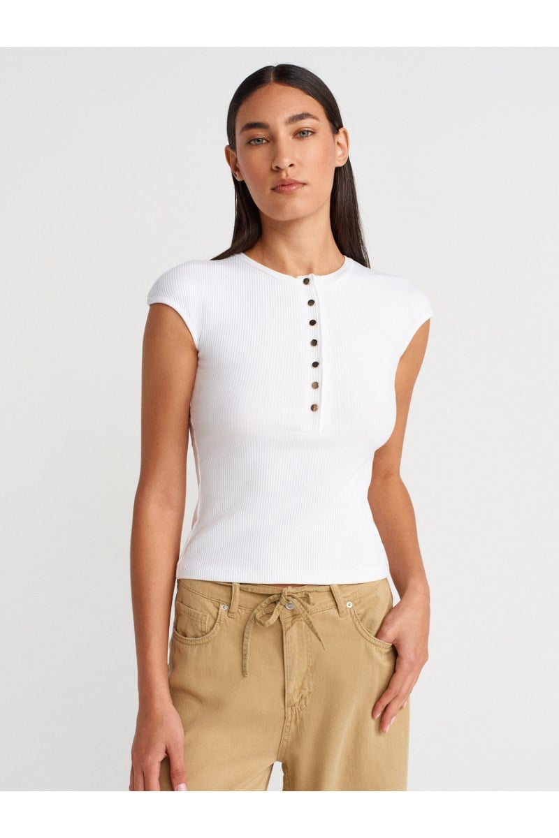 Düğmeli Kaşkorse Crop BluzKADIN BLUZ