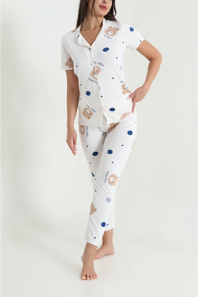 Happy Ayıcık Desenli Milan Kumaş Pijama TakımıKADIN PİJAMA TAKIMI
