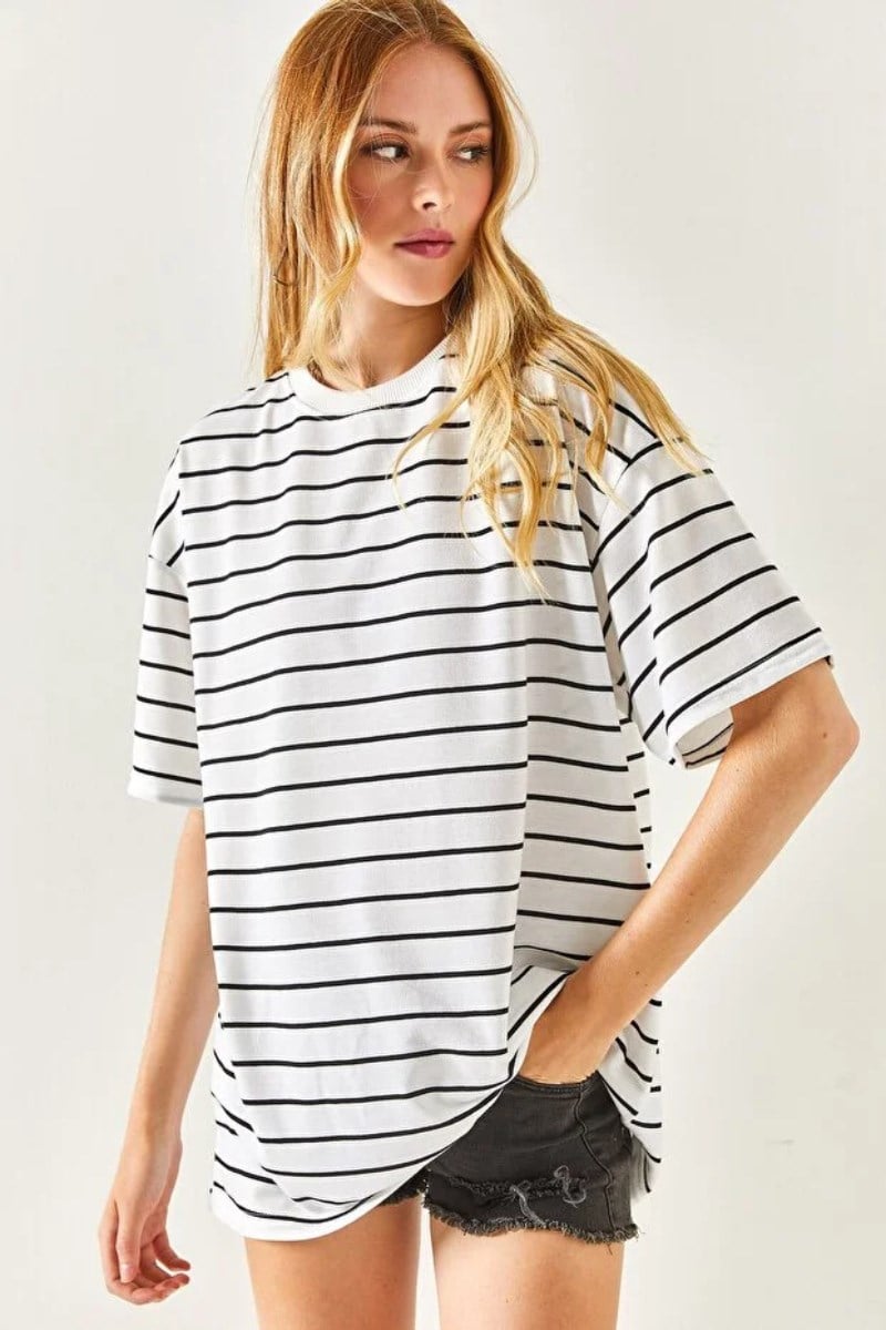 İki İp Çizgili Oversize TshirtKADIN T-SHİRT
