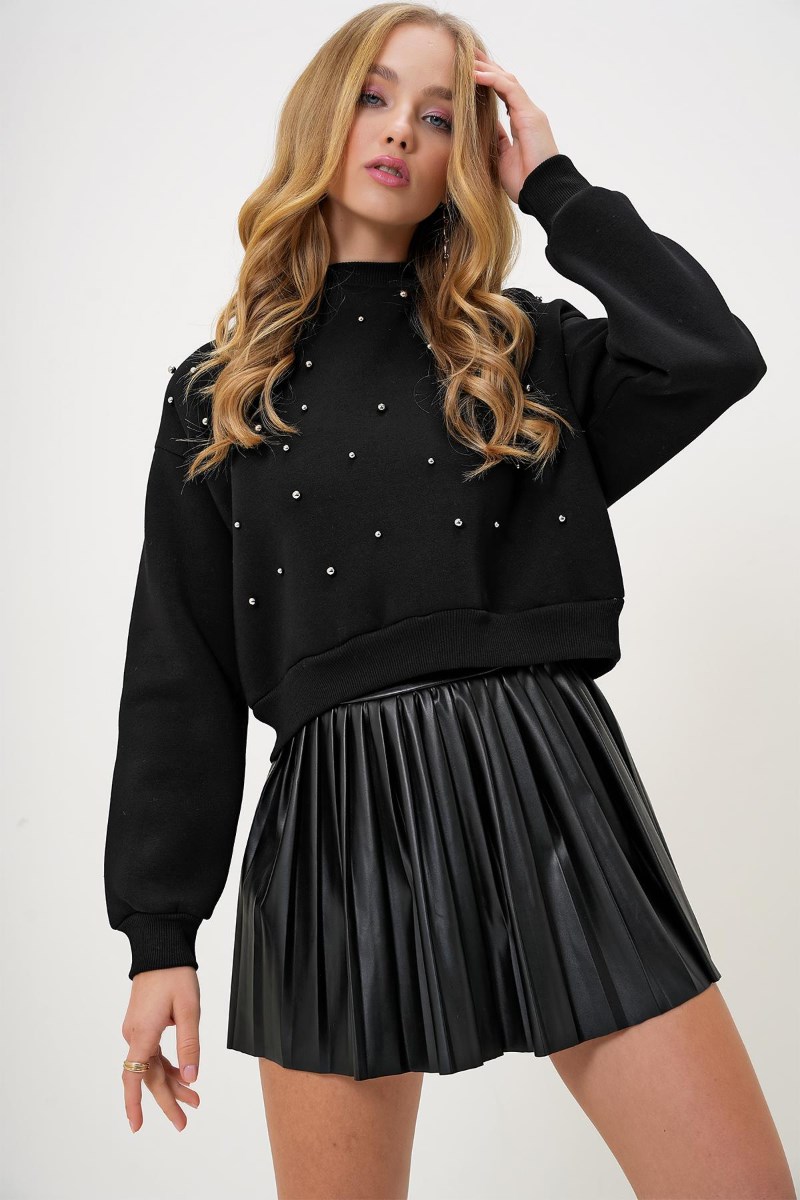 İnci Detaylı Şardonlu Crop 3 İp SweatshirtKADIN SWEATSHİRT