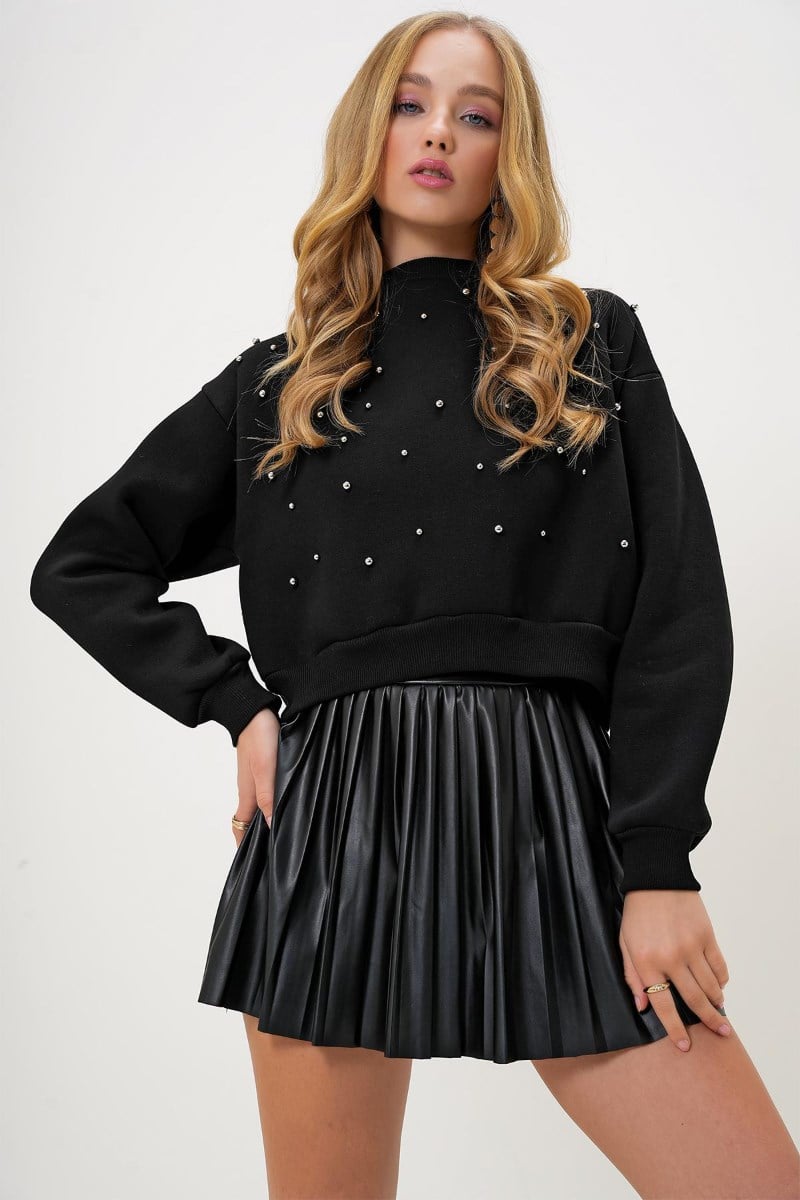 İnci Detaylı Şardonlu Crop 3 İp SweatshirtKADIN SWEATSHİRT
