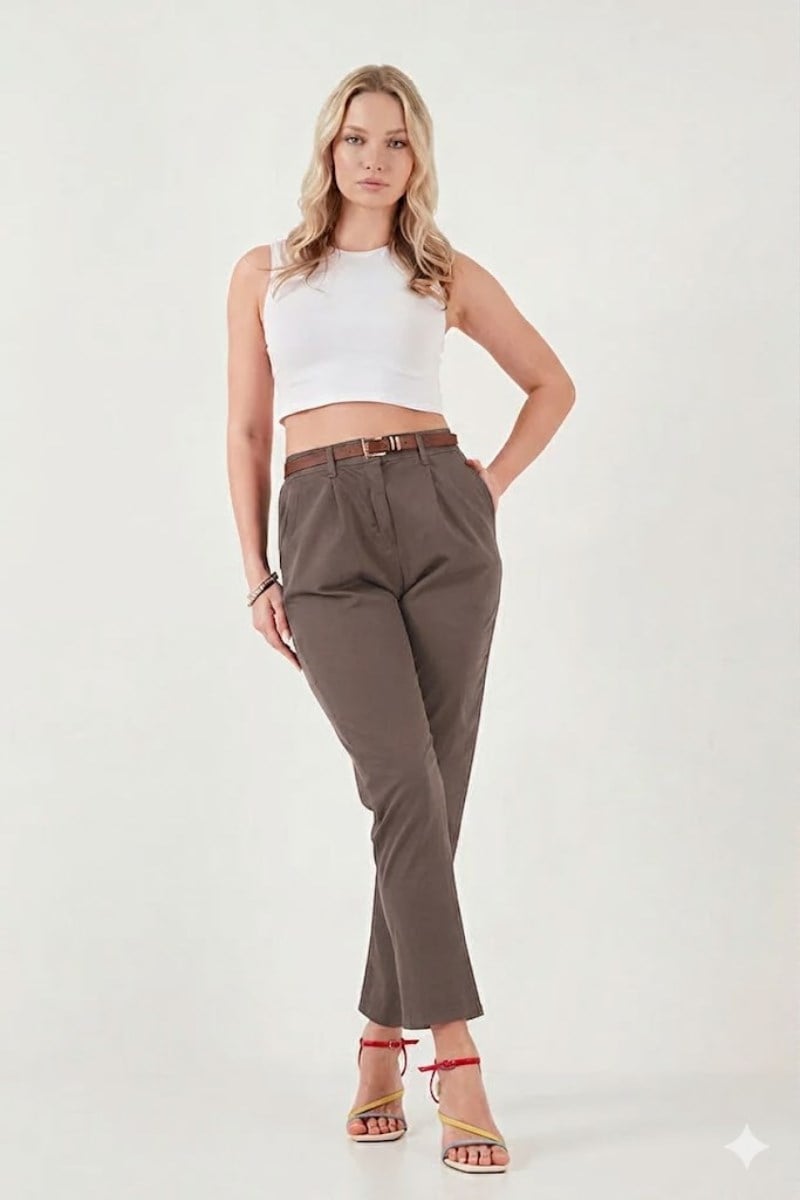 Kemerli Dar Paça Gabardin PantolonKADIN PANTOLON