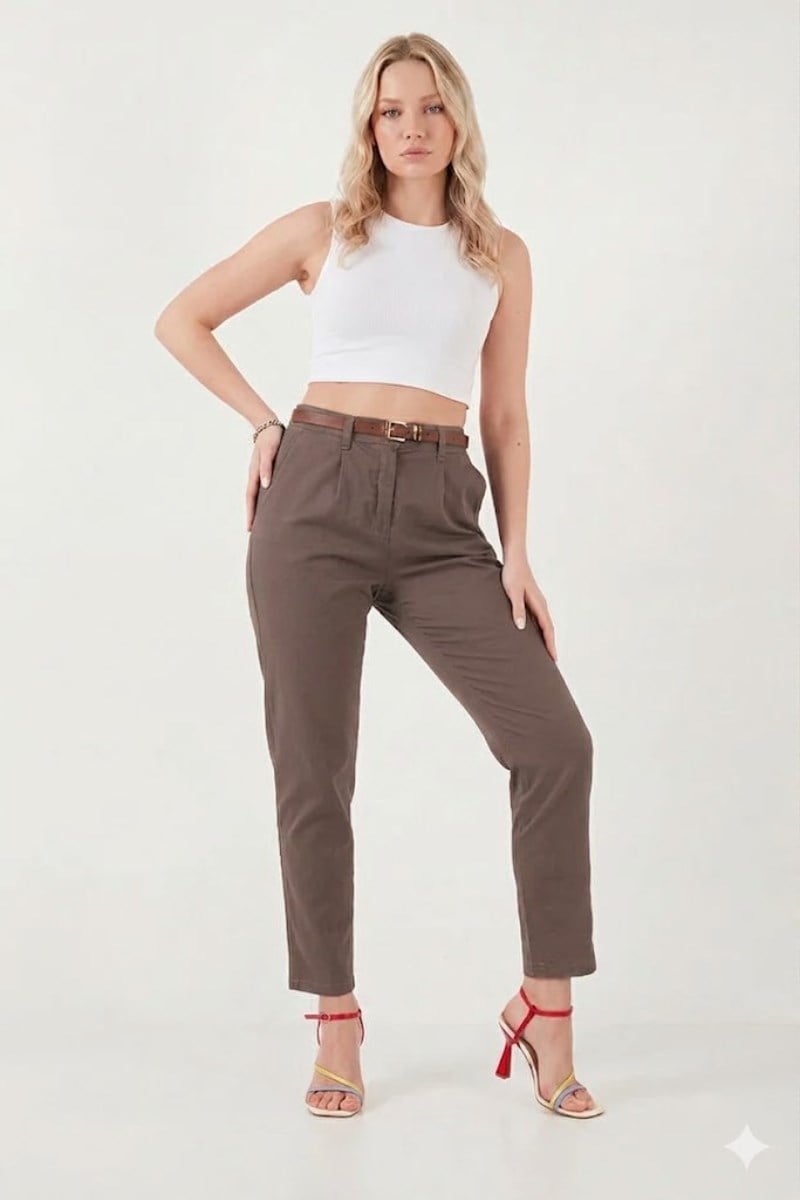 Kemerli Dar Paça Gabardin PantolonKADIN PANTOLON