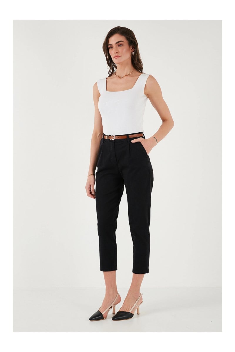 Kemerli Dar Paça Gabardin PantolonKADIN PANTOLON