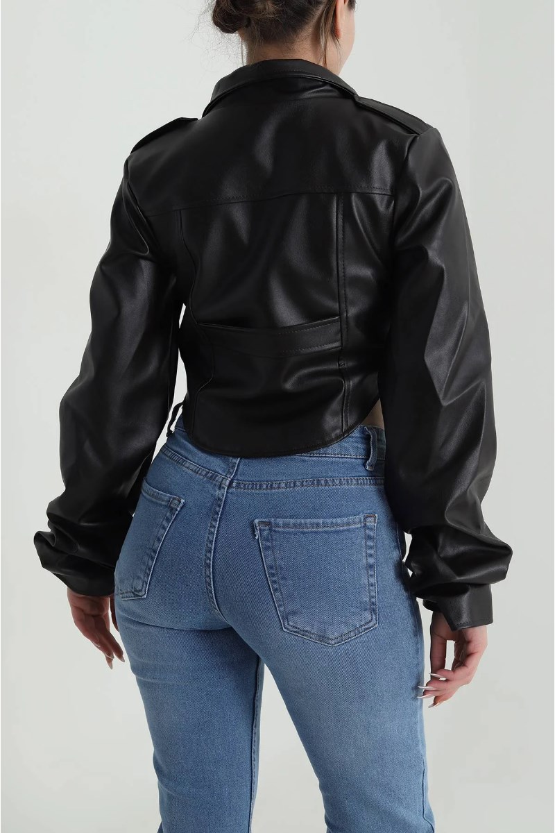 Korse Detaylı Drape Kollu Crop Suni Deri CeketKADIN CEKET