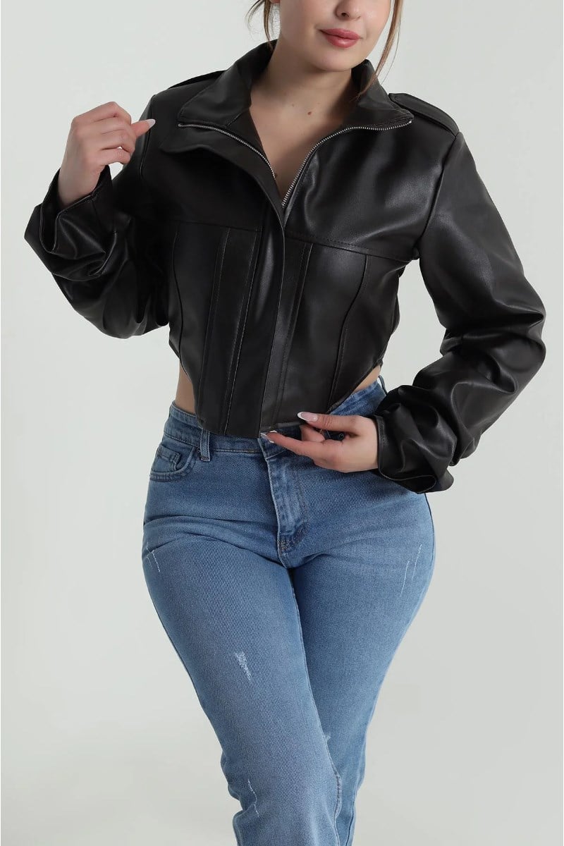 Korse Detaylı Drape Kollu Crop Suni Deri CeketKADIN CEKET