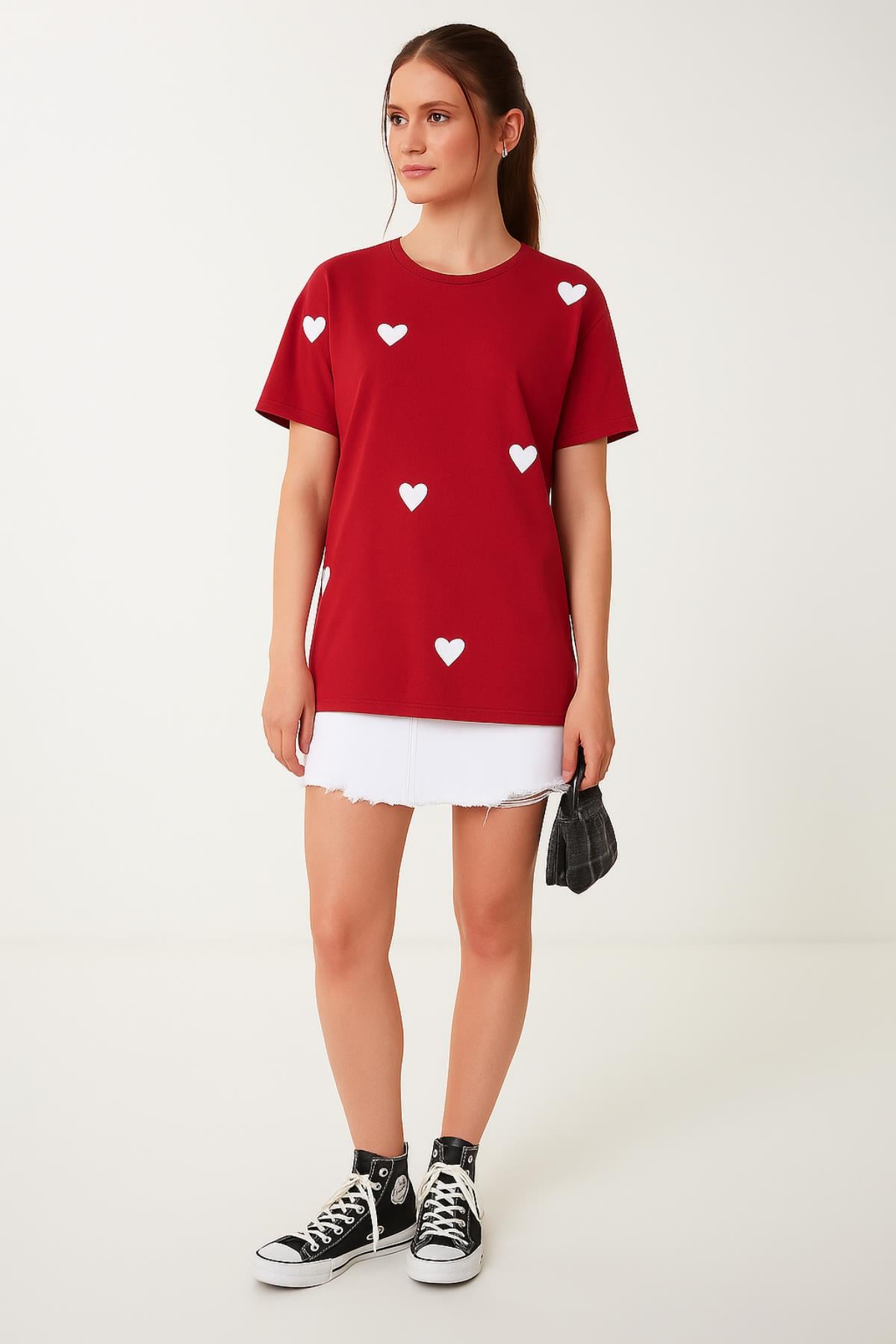 Küçük Kalp Baskılı Oversize TshirtKADIN T-SHİRT