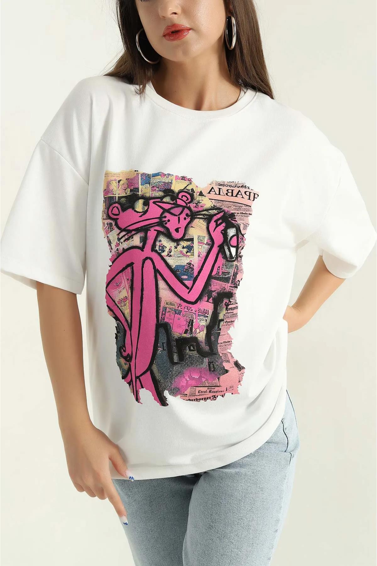 Pembe Panter Baskılı Oversize TshirtKADIN T-SHİRT